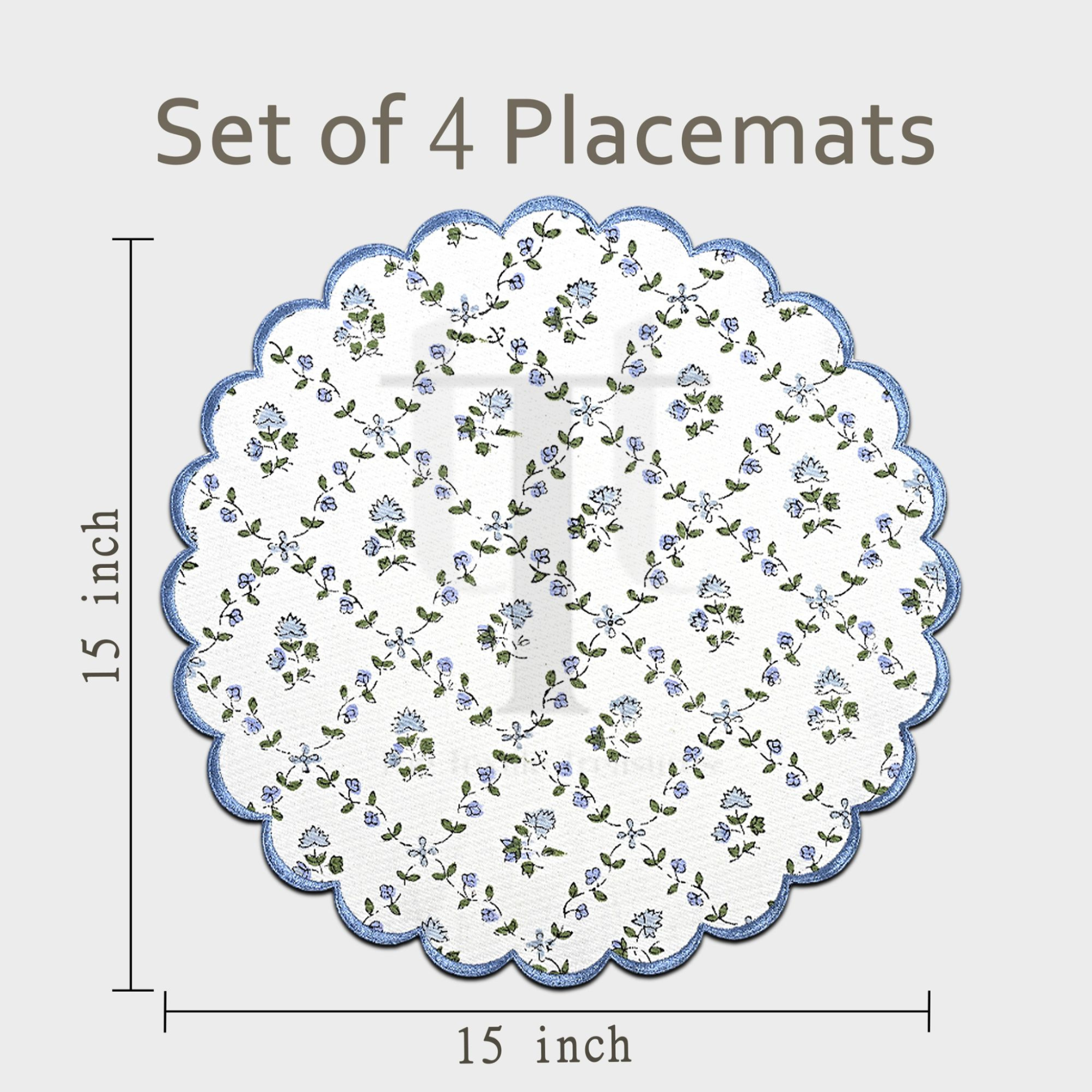 Set of 4 floral placemats with dimensions on a white background