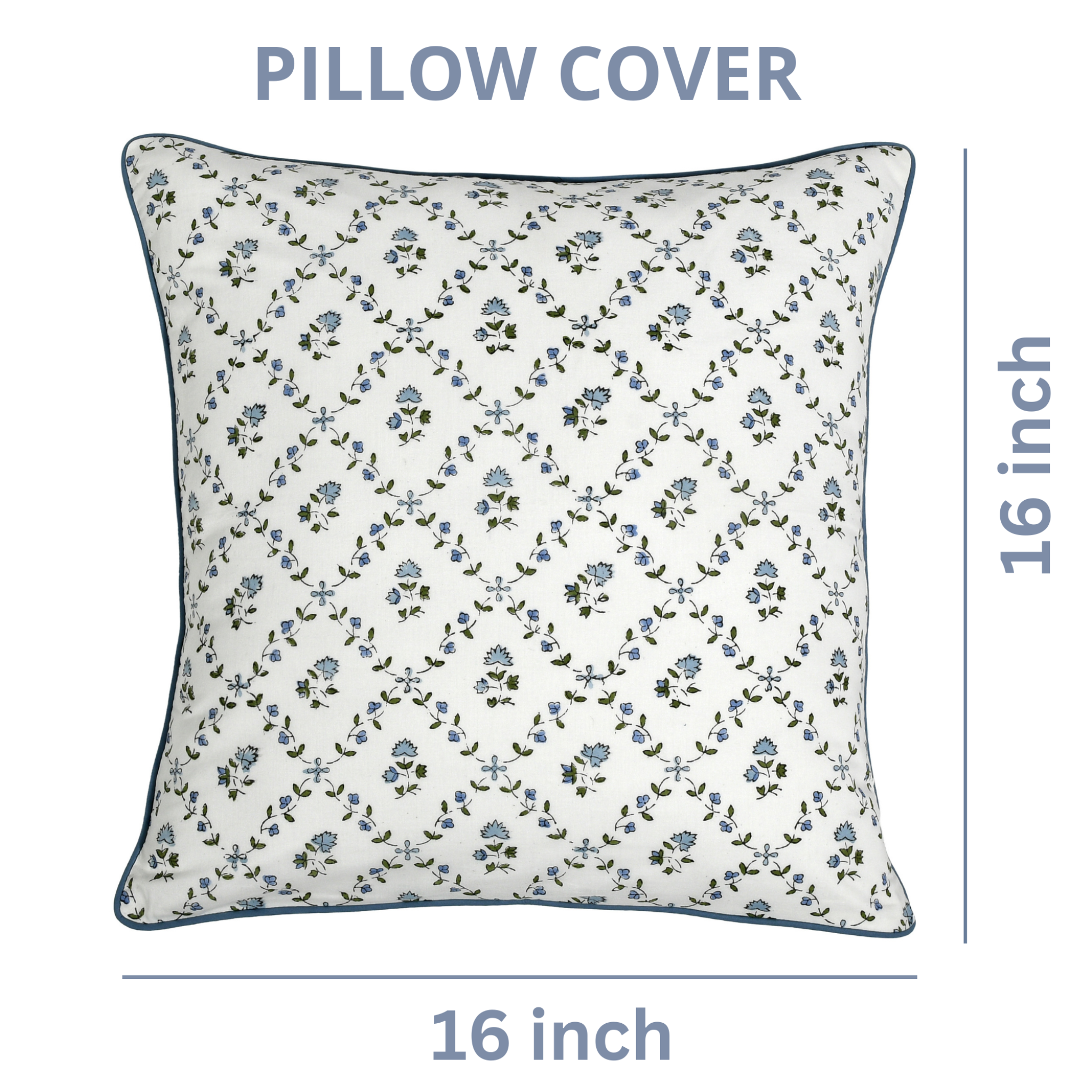 Floral patterned pillow cover with dimensions on a white background