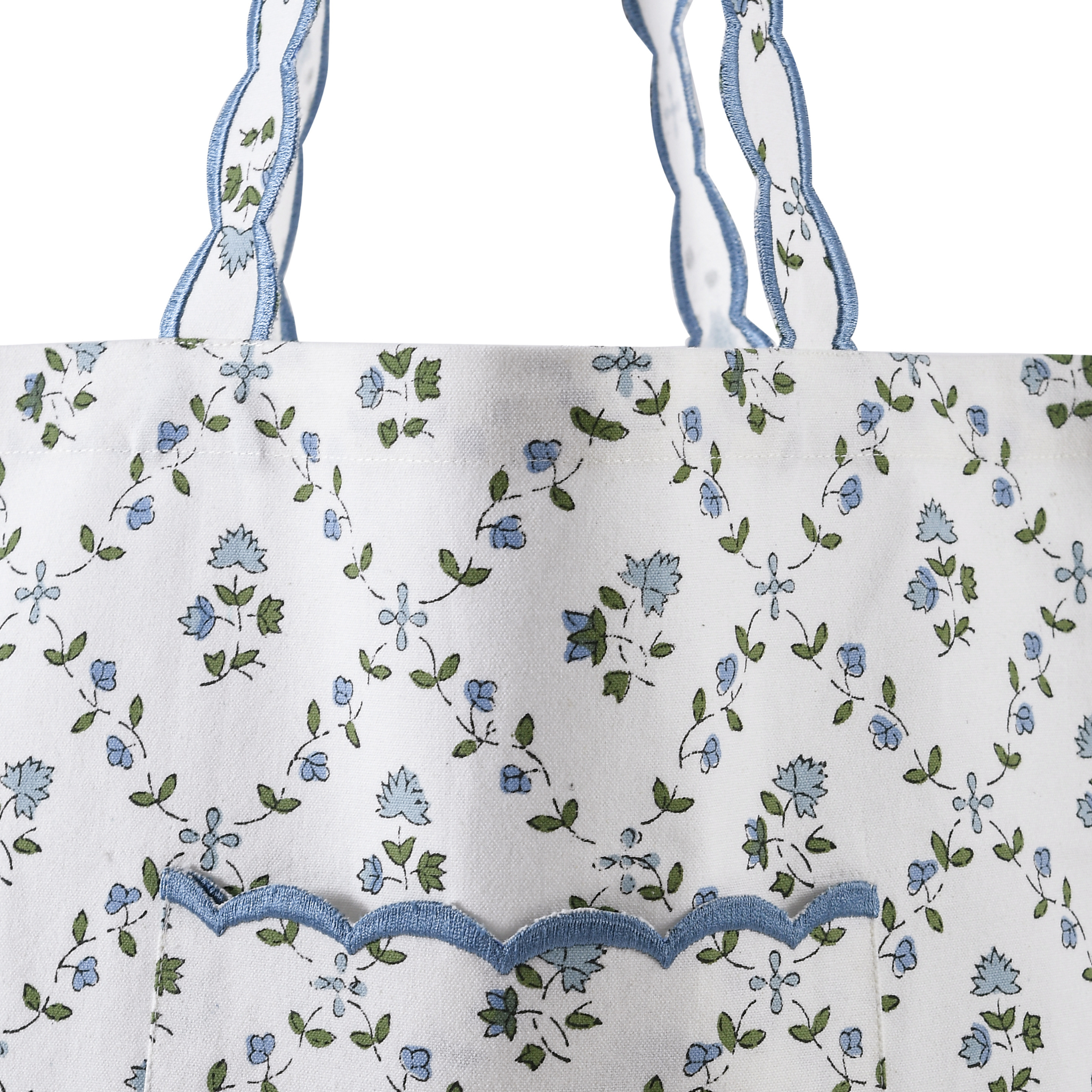 Floral patterned bag with blue accents on a white background
