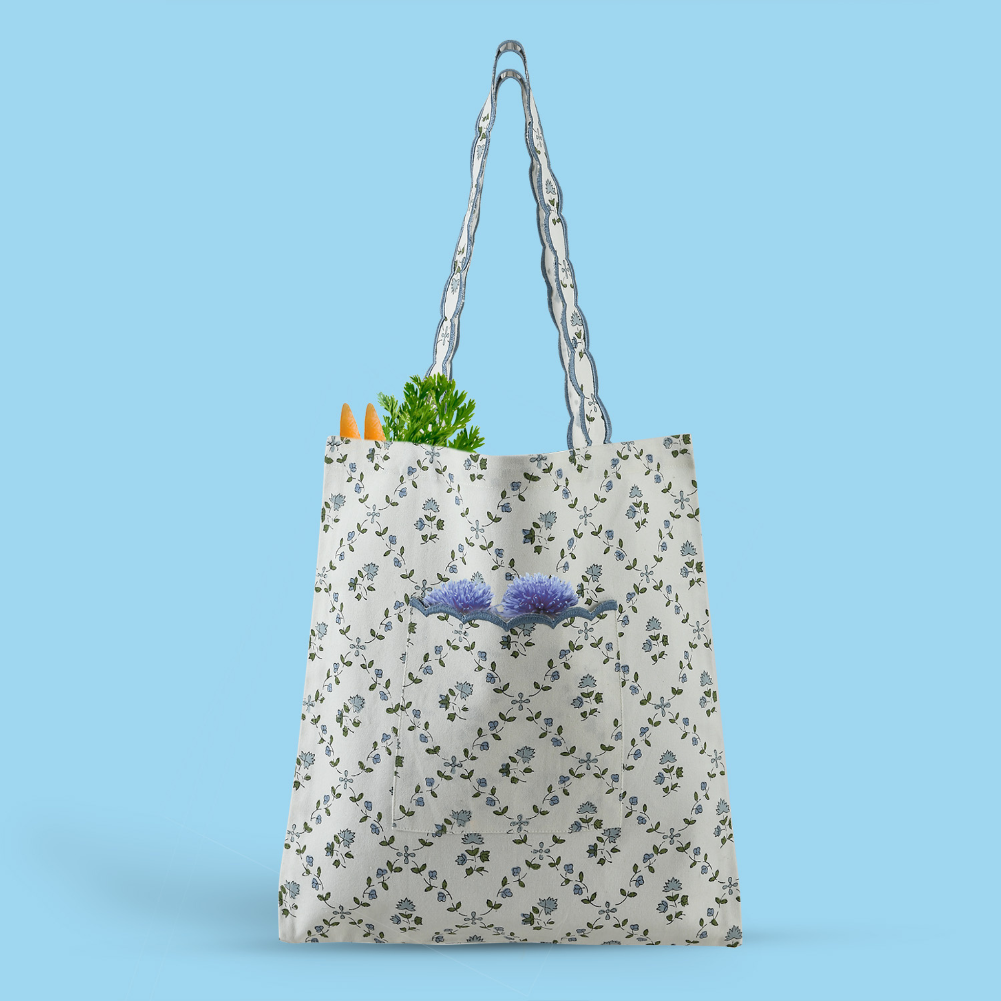 Floral-patterned tote bag with plants on a blue background