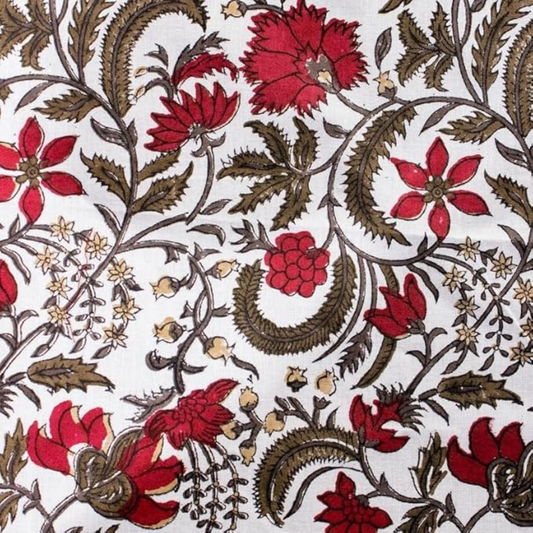 Close-up of floral and leaf pattern with red flowers and brown leaves on a white background