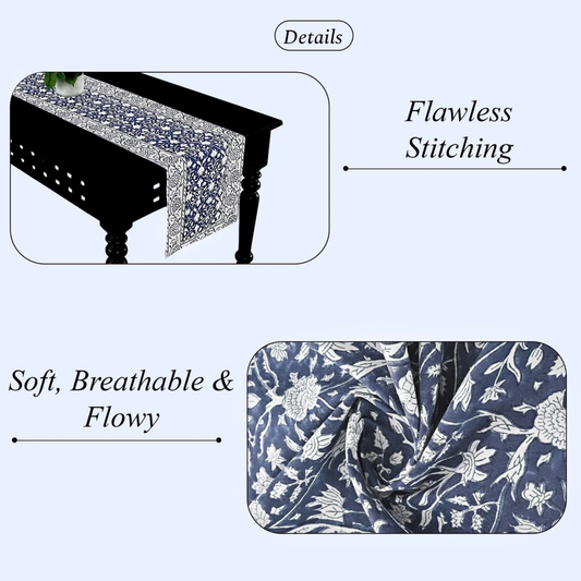 Textured fabric with floral pattern on a white background, featuring details about stitching quality and fabric properties.