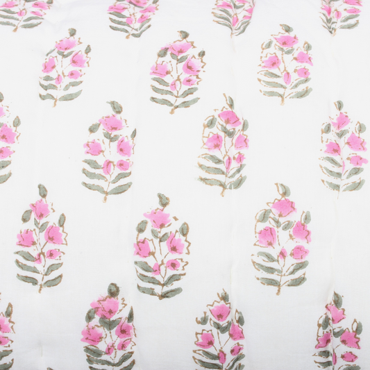 Floral pattern with pink flowers and green leaves on a white background