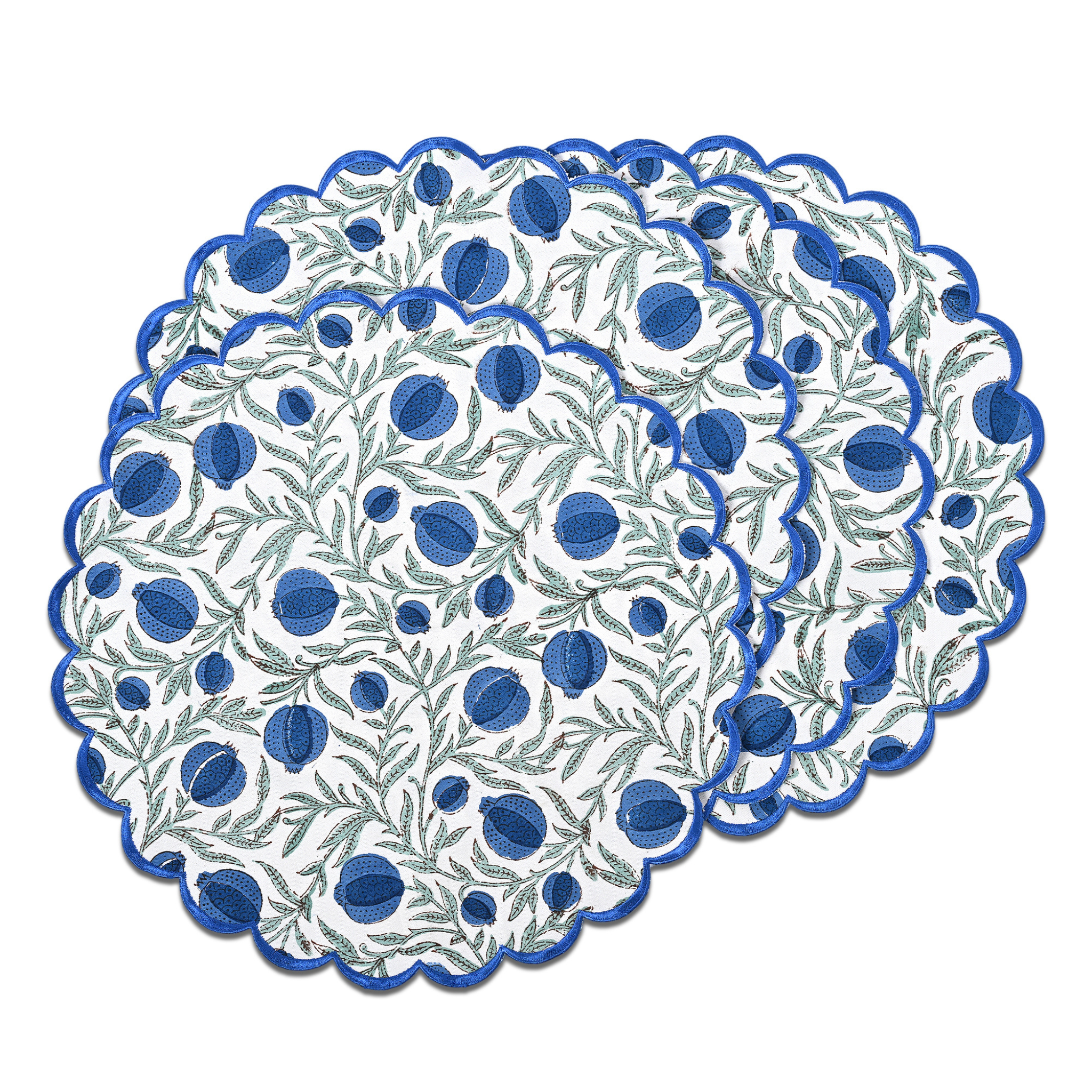 Round placemat with blue and green pattern on a white background