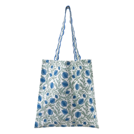 Floral-patterned tote bag on a white background