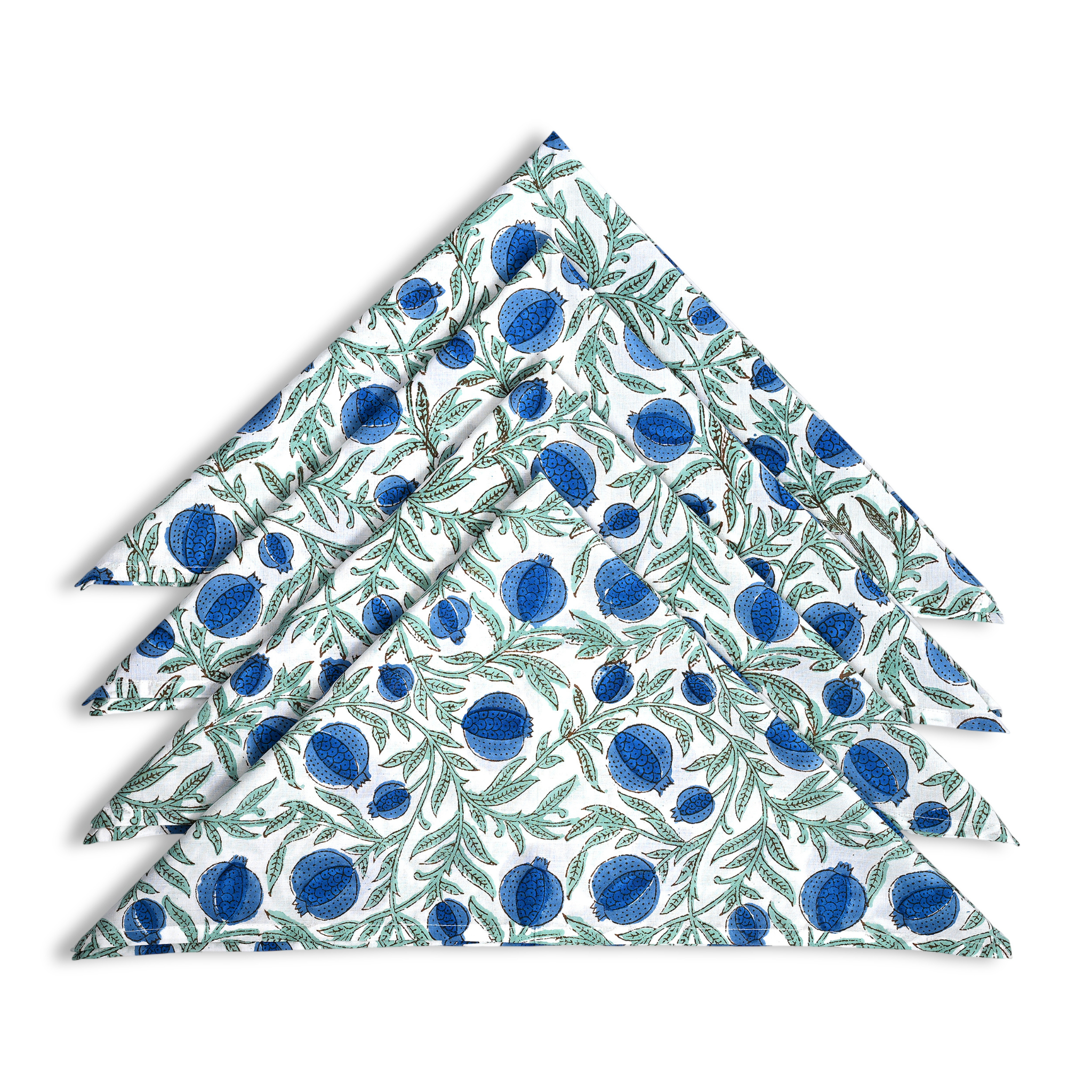 Set of three folded fabric napkins with blue fruit pattern on a white background