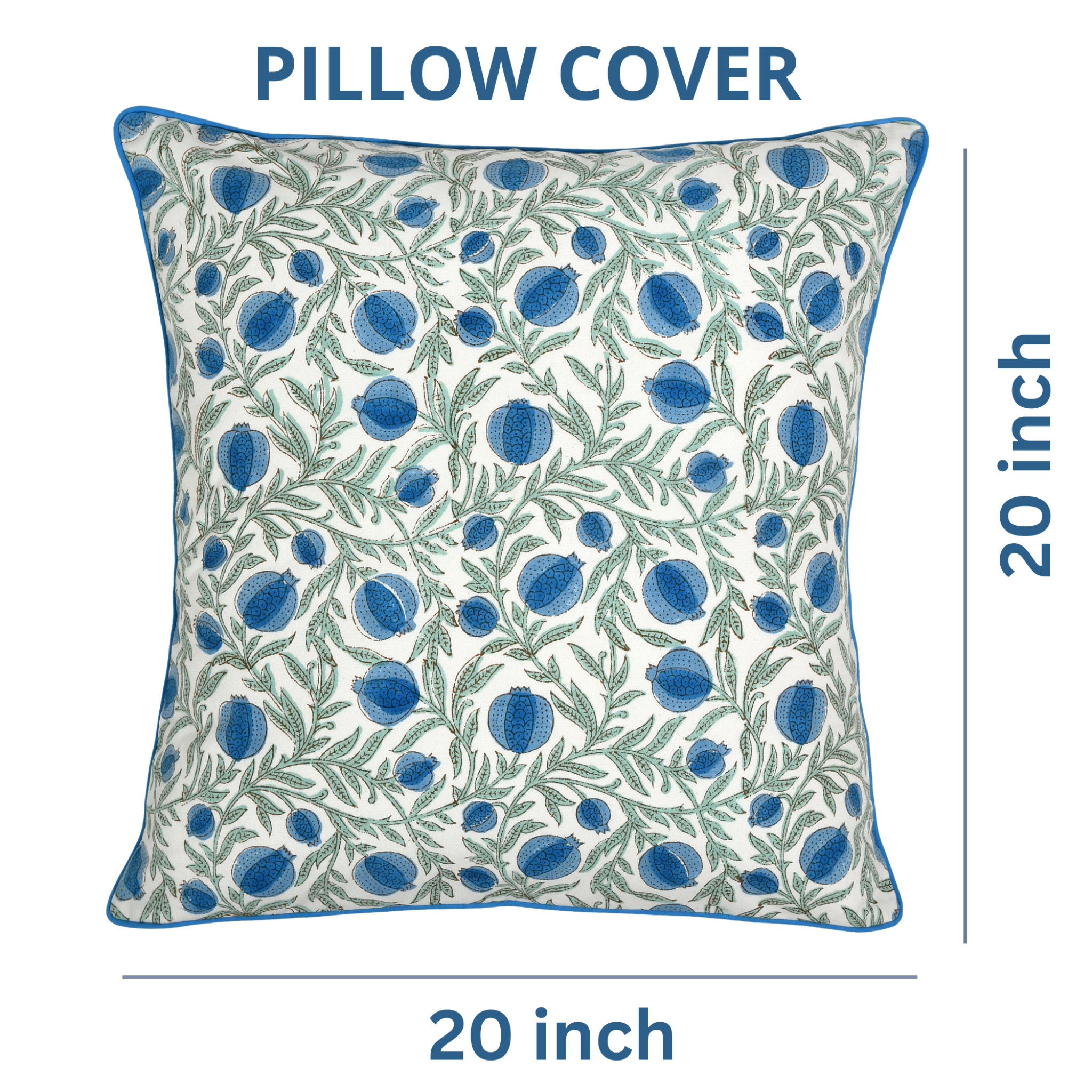 Decorative pillow cover with blue floral pattern on a white background