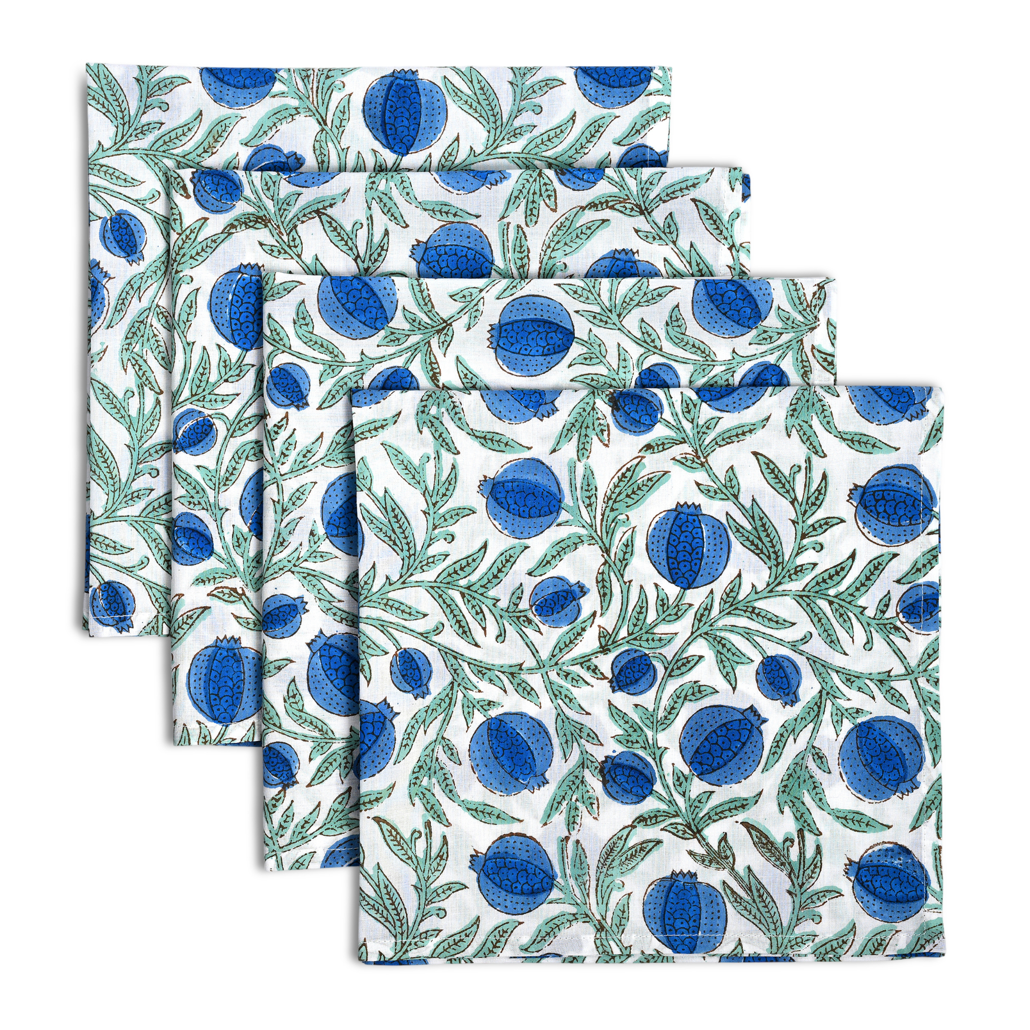 Set of three fabric placemats with blueberry pattern on a white background