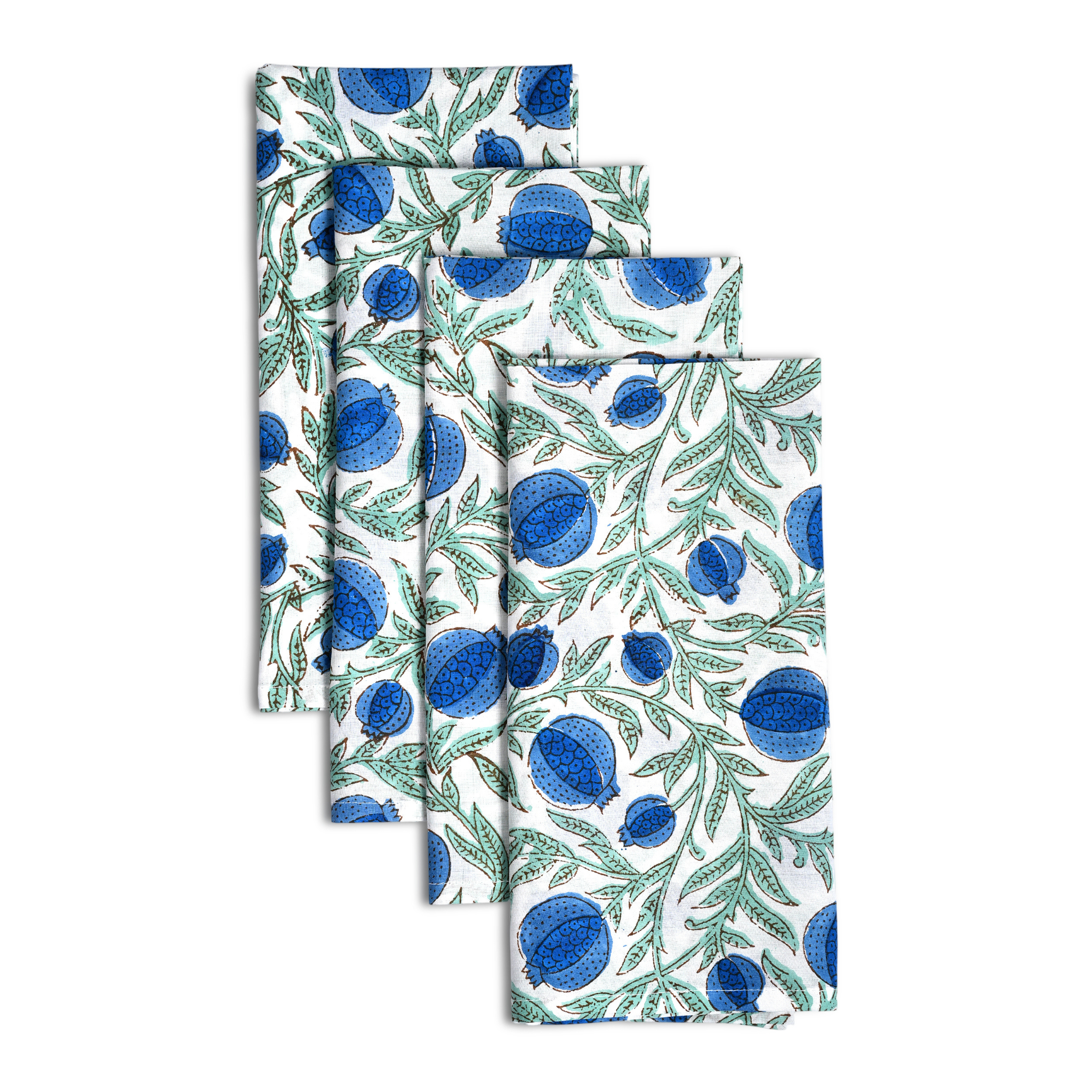 Set of four folded towels with blue fruit pattern on a white background