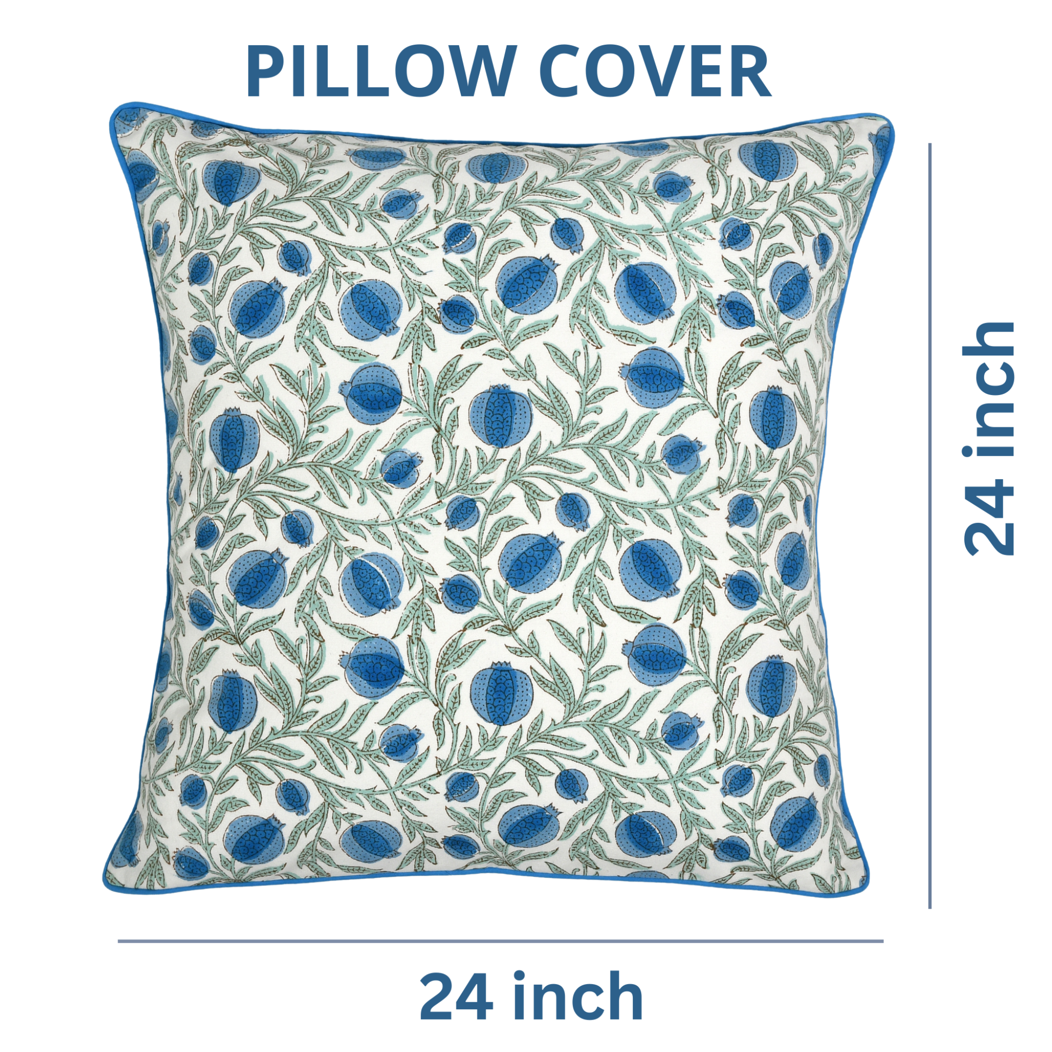 Pillow cover with blue floral pattern on a white background