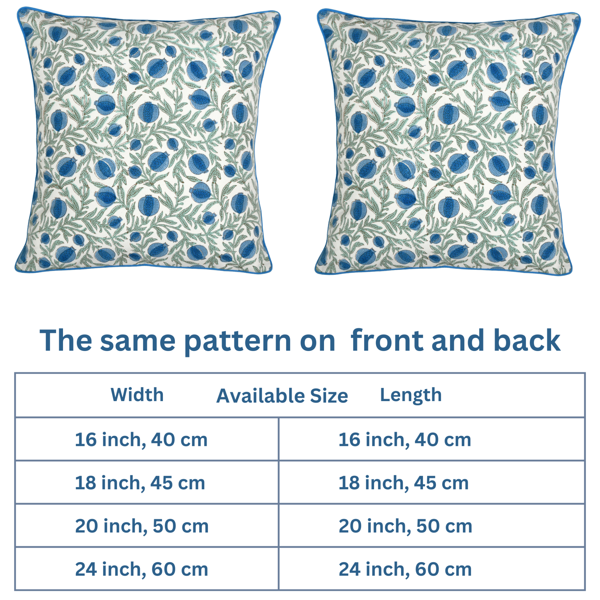 Two decorative pillows with a floral pattern and a table displaying size options.