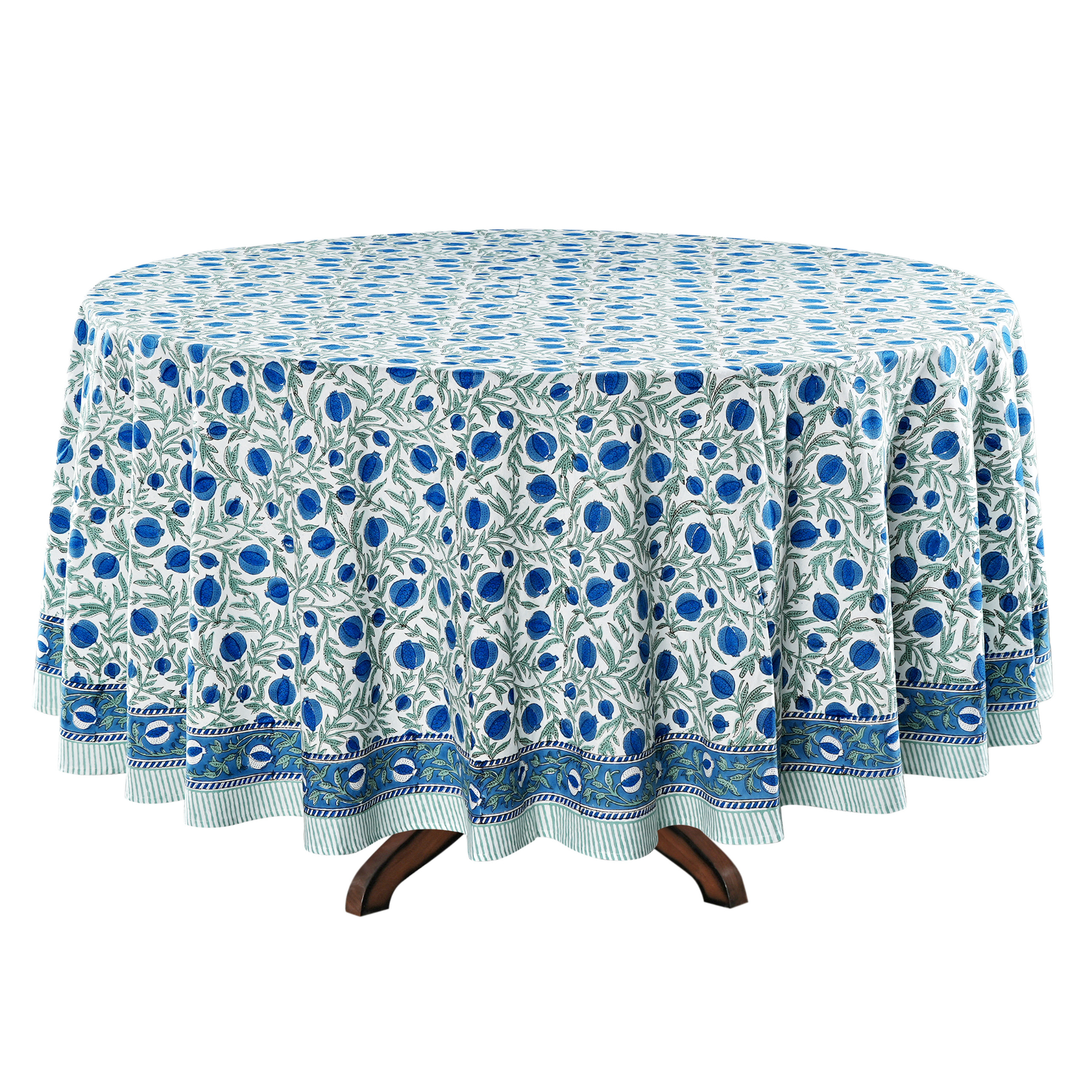 Round tablecloth with blue floral pattern on a white background