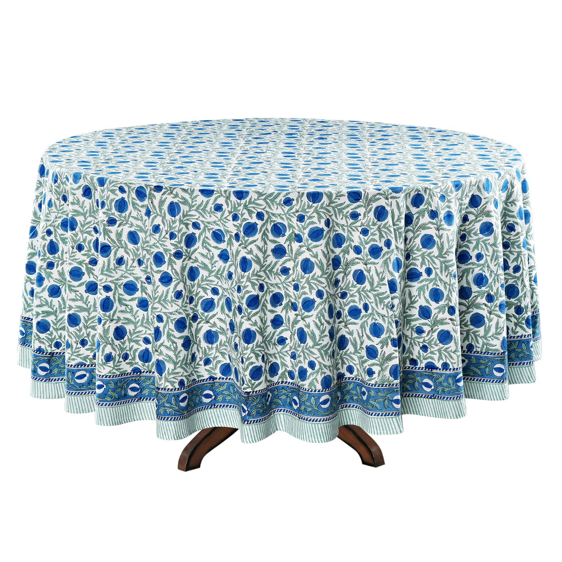 Round tablecloth with blue floral pattern on a white background