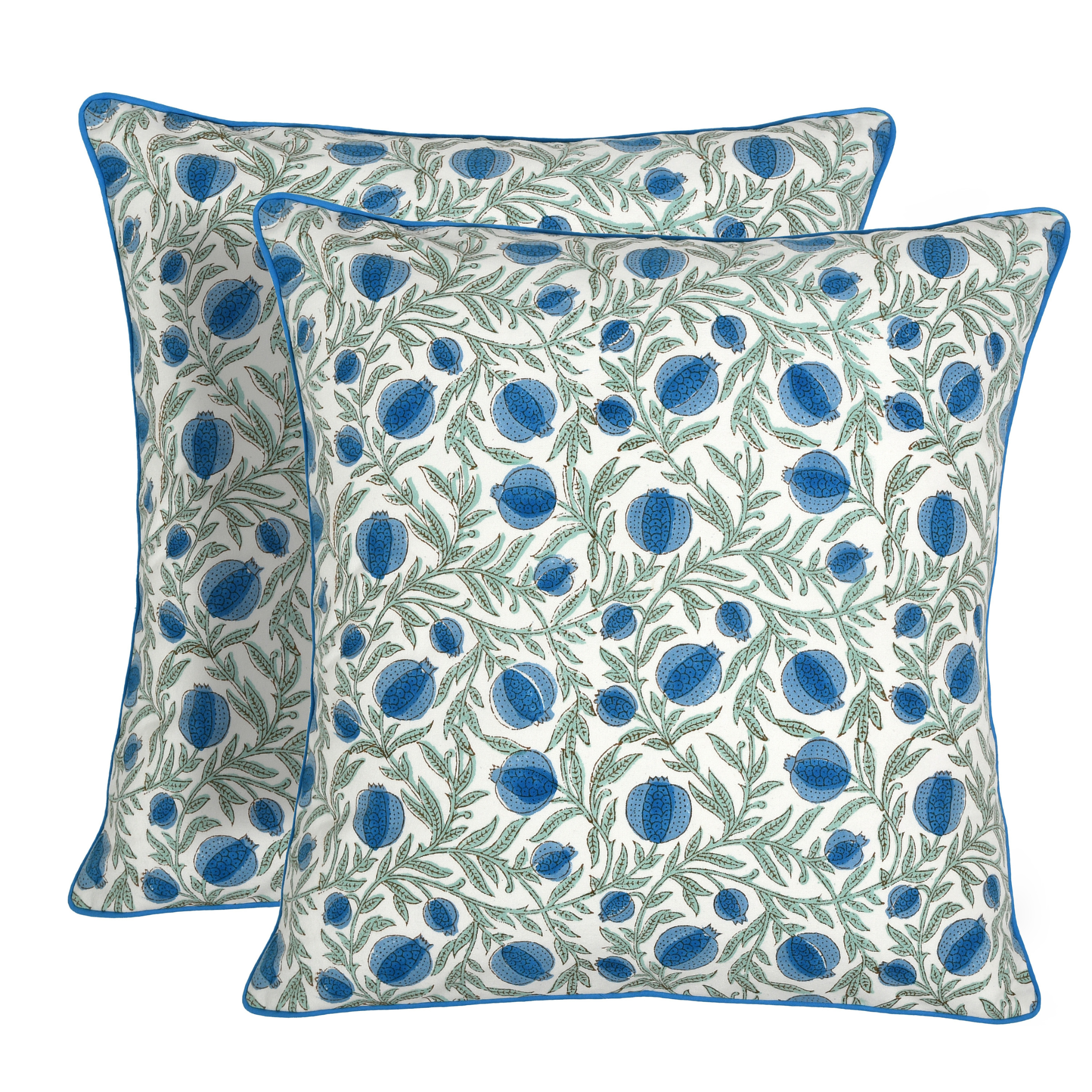 Two decorative pillows with blue and green floral pattern on a white background
