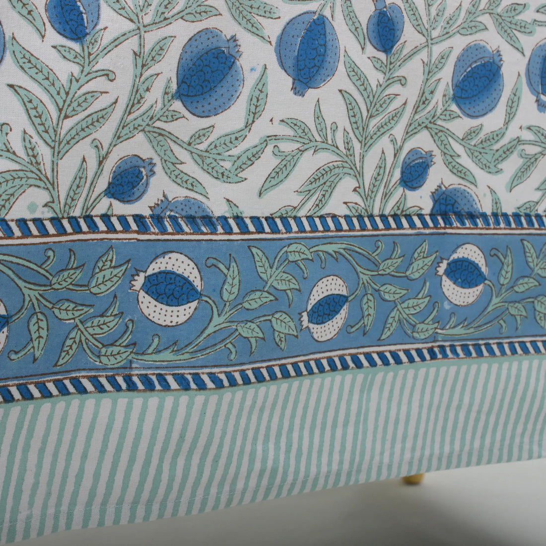Close-up of a fabric with blue and green floral pattern