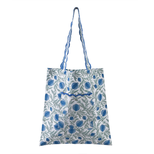 Floral-patterned tote bag with a blue handle on a white background