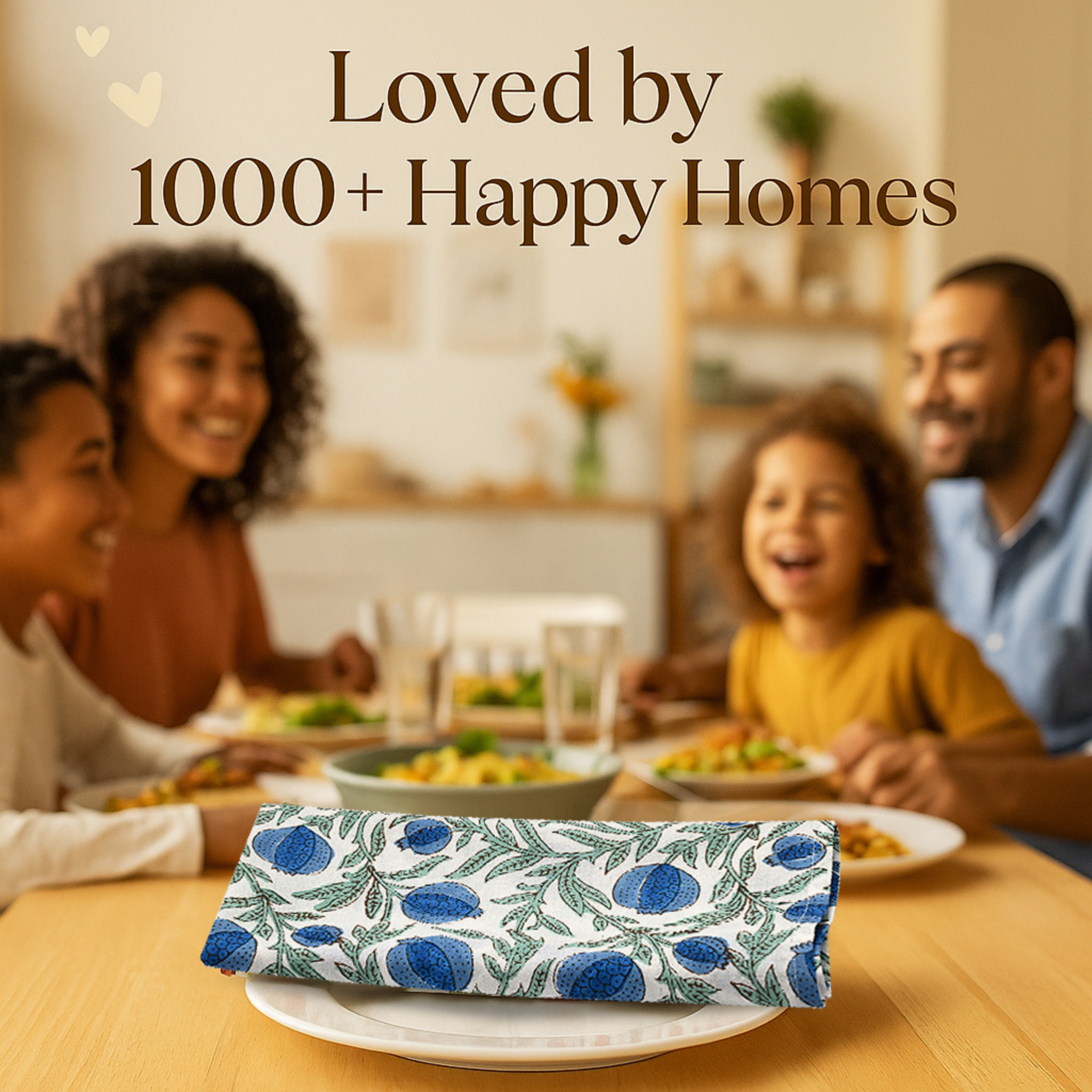 Family enjoying a meal together with a floral clutch in the foreground.