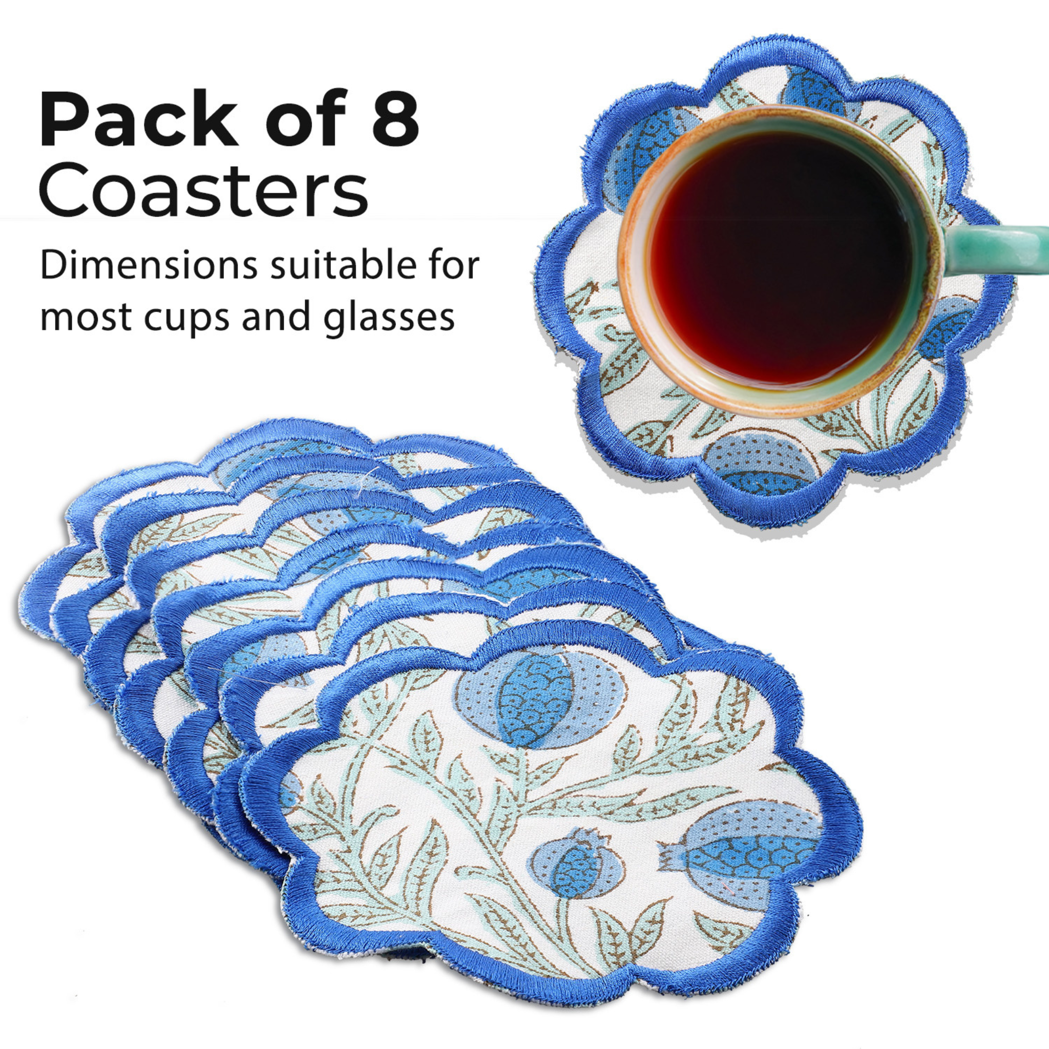 Pack of 8 floral coasters with a cup of tea on a white background