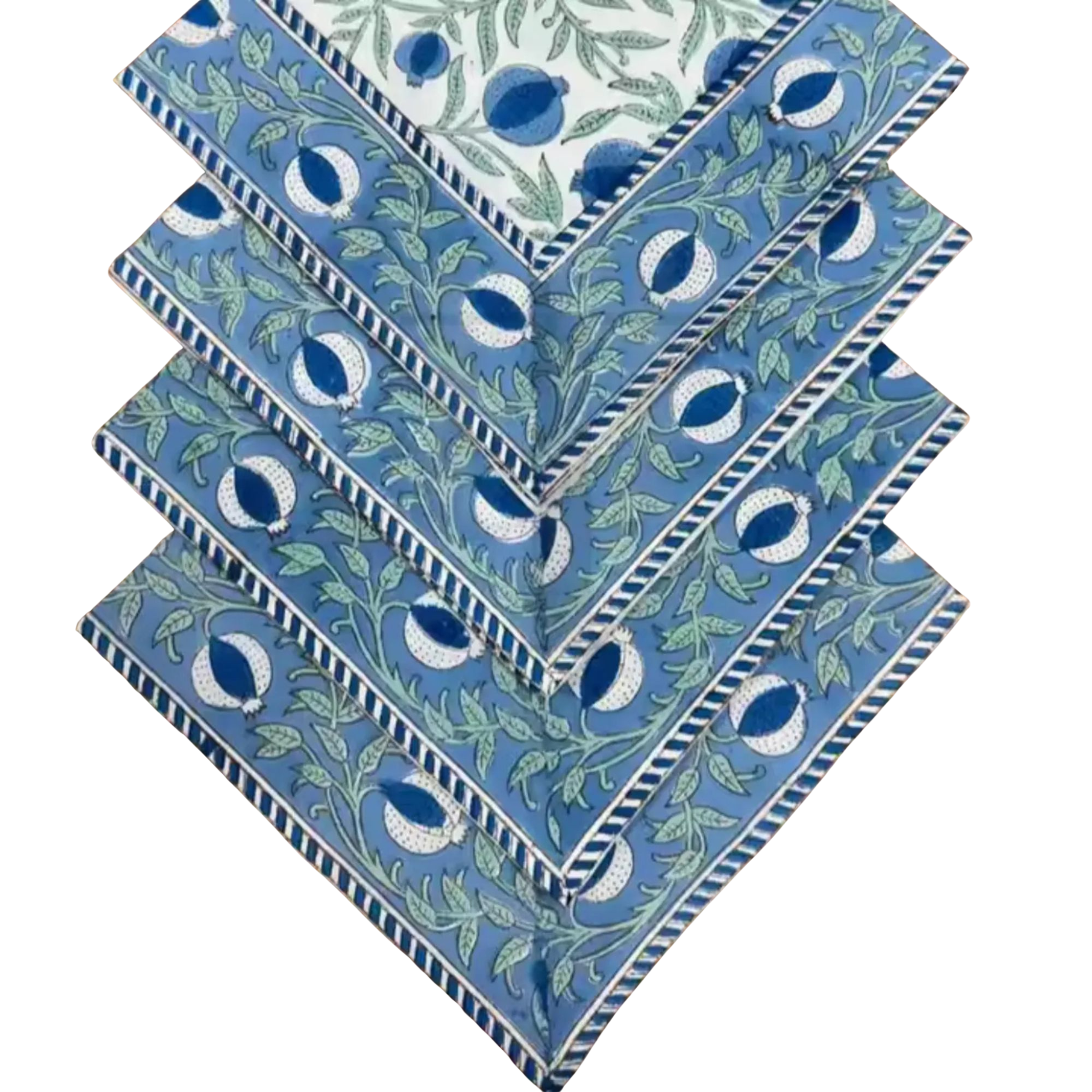 Set of blue and white patterned napkins on a white background