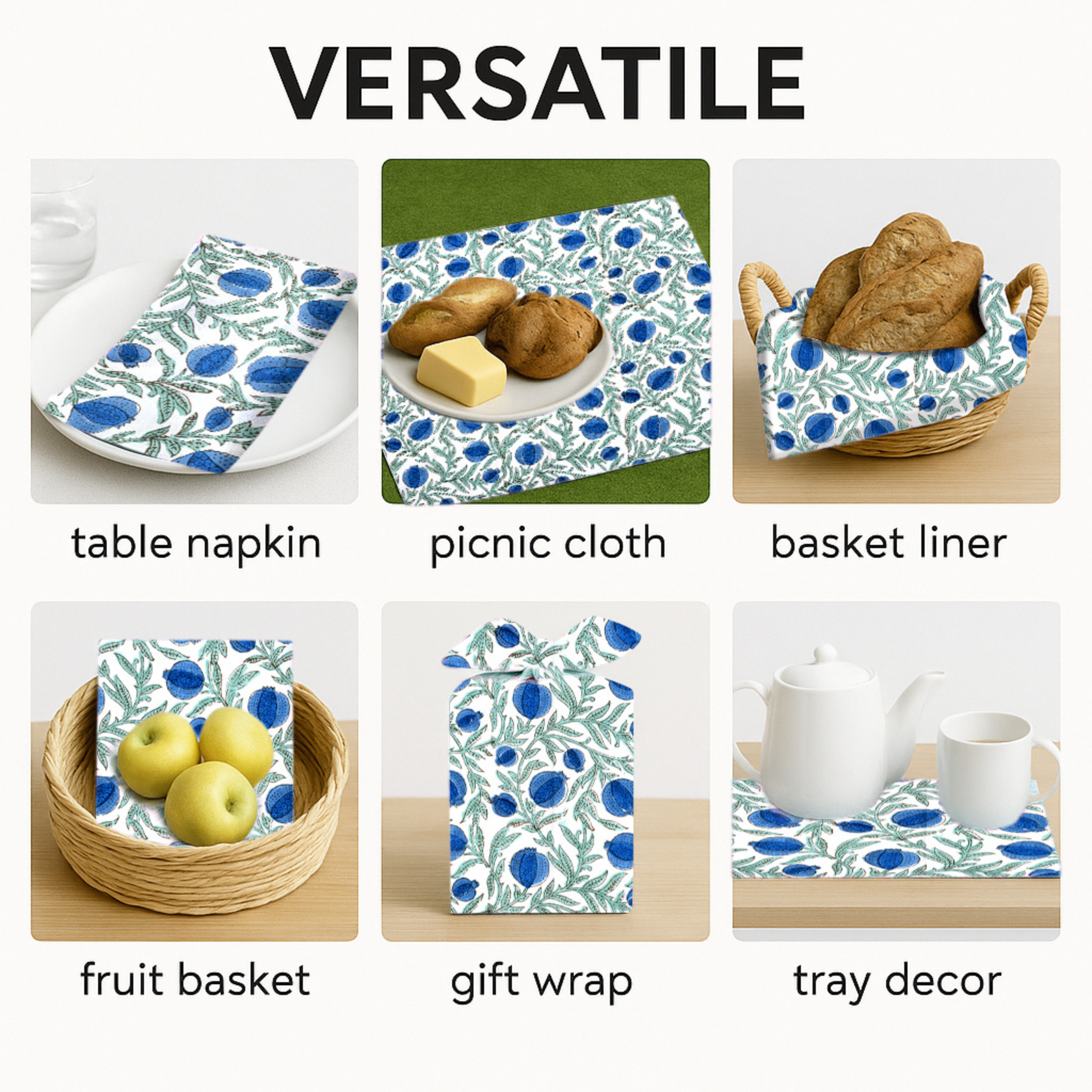 Versatile use of a floral patterned cloth including table napkin, picnic cloth, basket liner, fruit basket, gift wrap, and tray decor.