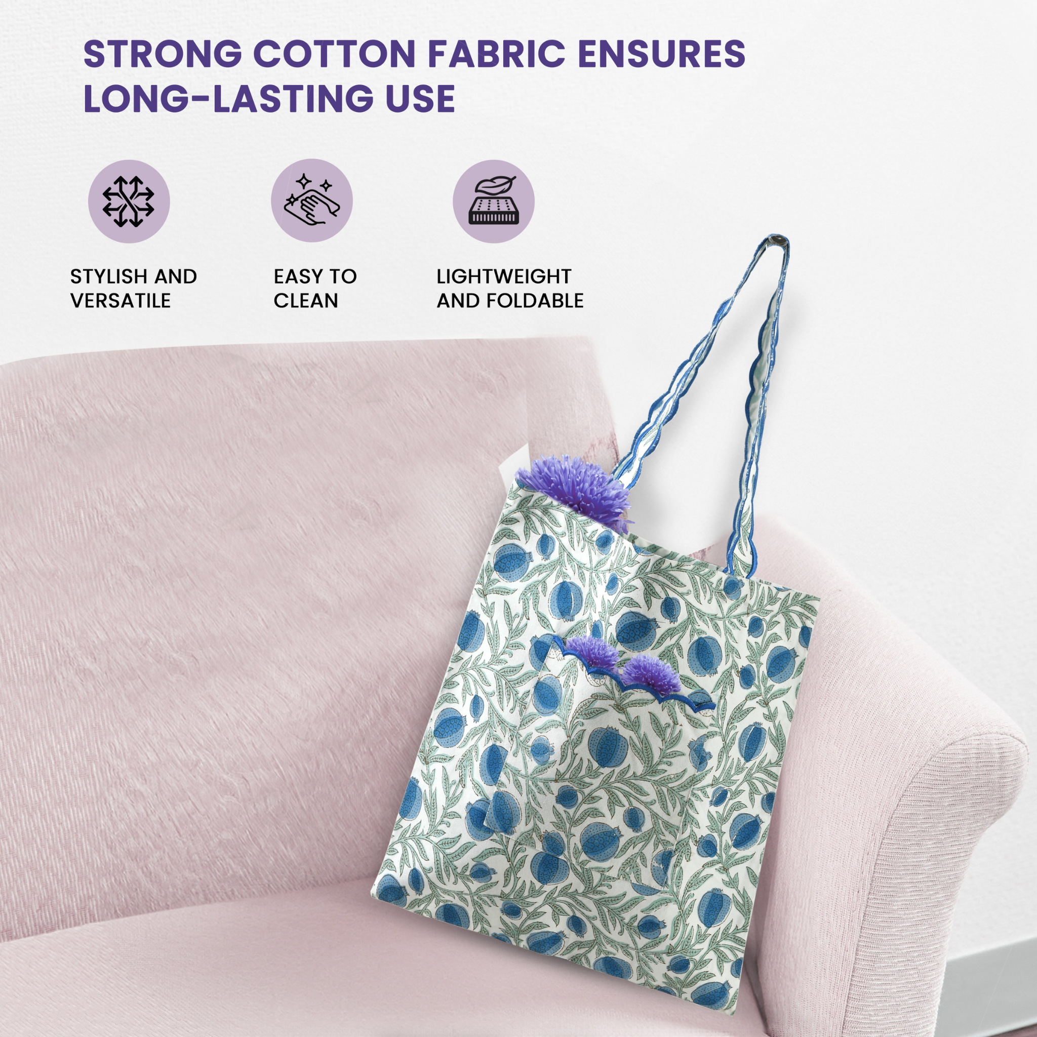 Floral tote bag on a pink couch with text about strong cotton fabric.