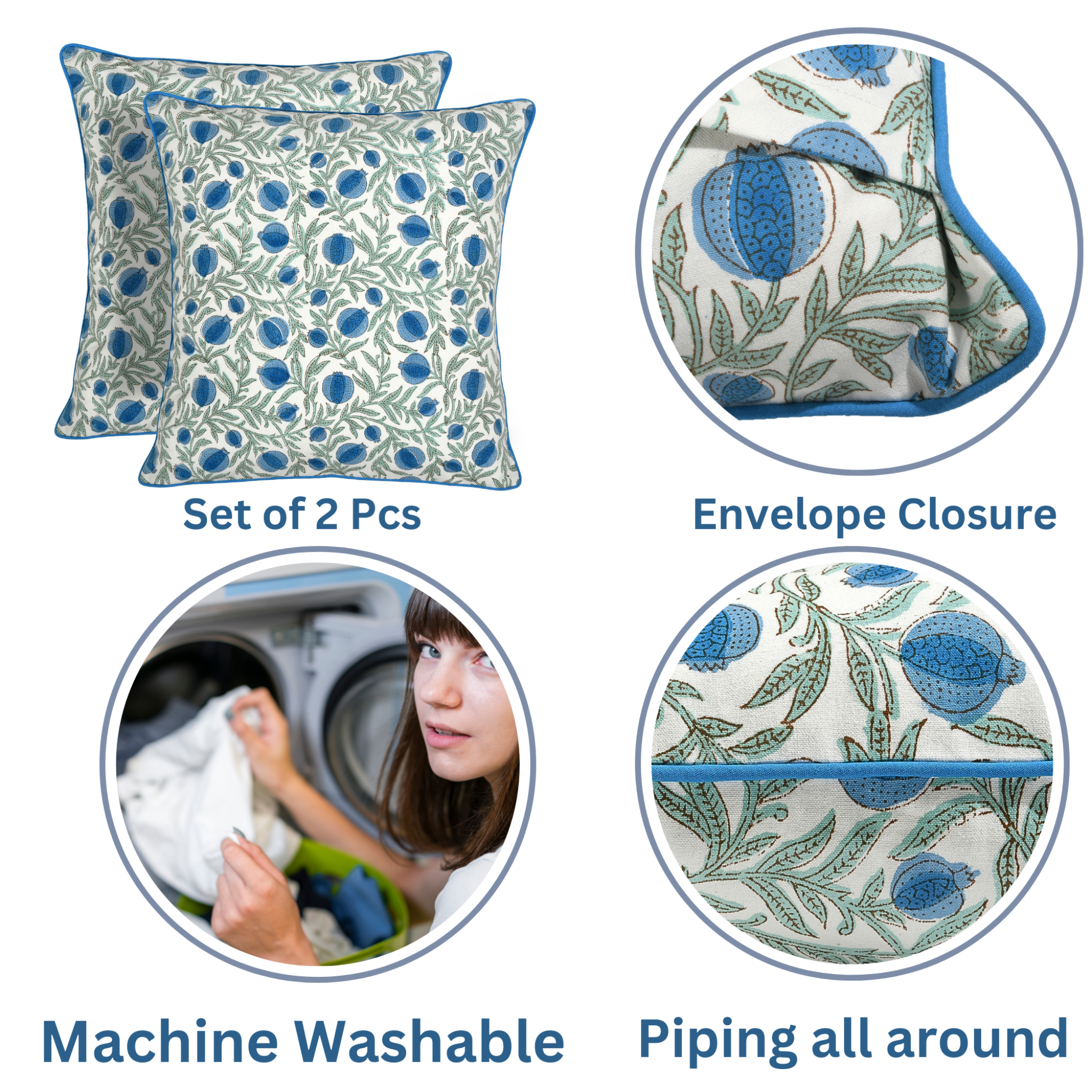 Set of 2 patterned pillows with envelope closure, machine washable feature, and piping detail.