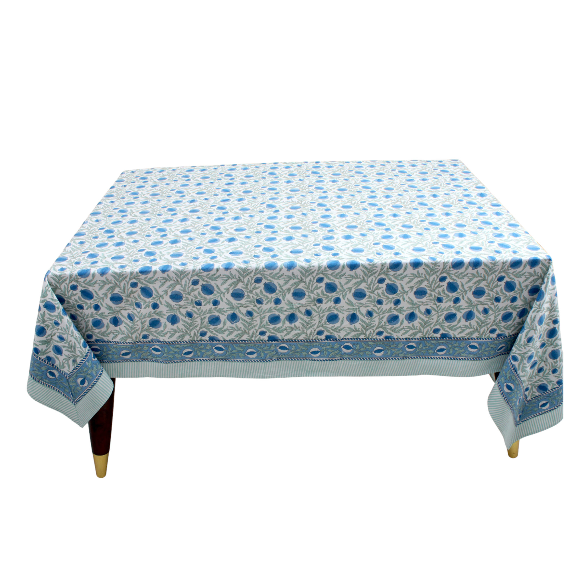 Tablecloth with blue polka dot pattern on a white background