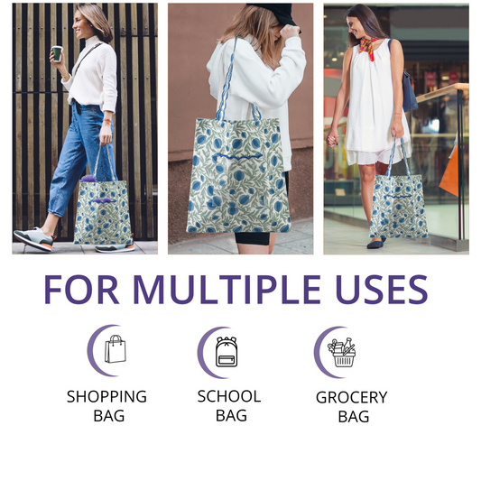 Woman carrying a floral tote bag in various settings with text 'FOR MULTIPLE USES' and icons for shopping, school, and grocery bags.