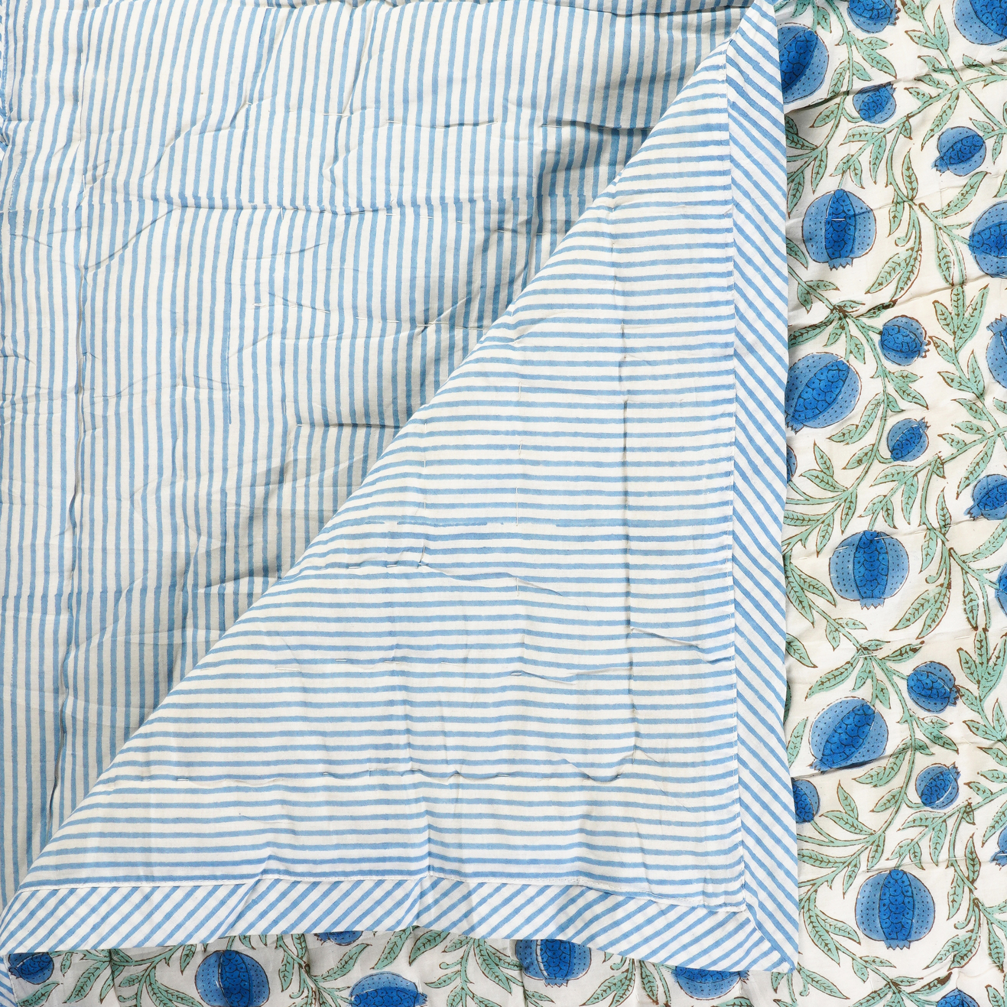 Quilt with blue and white striped pattern and floral border