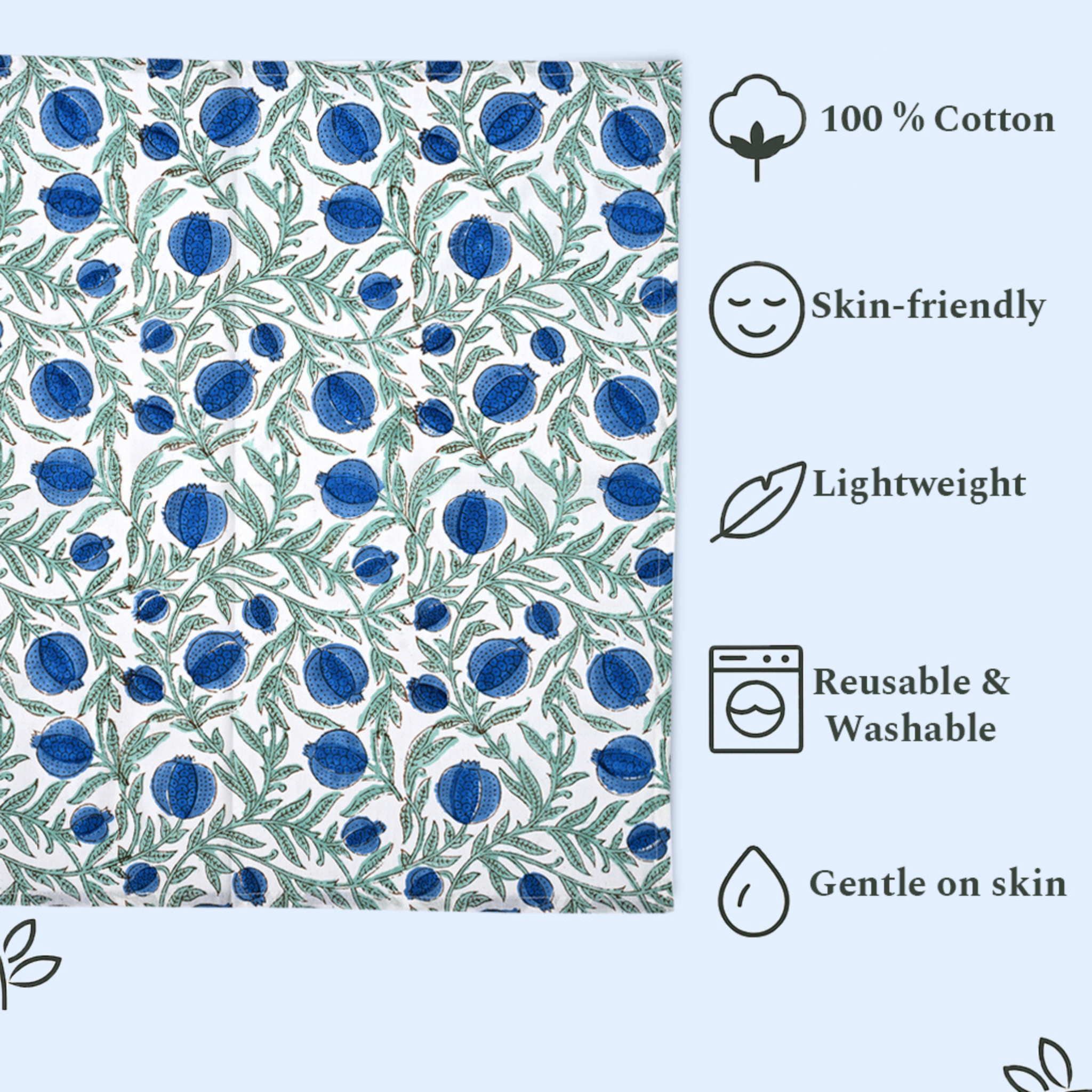 Floral patterned fabric with sustainability and product features on a light blue background