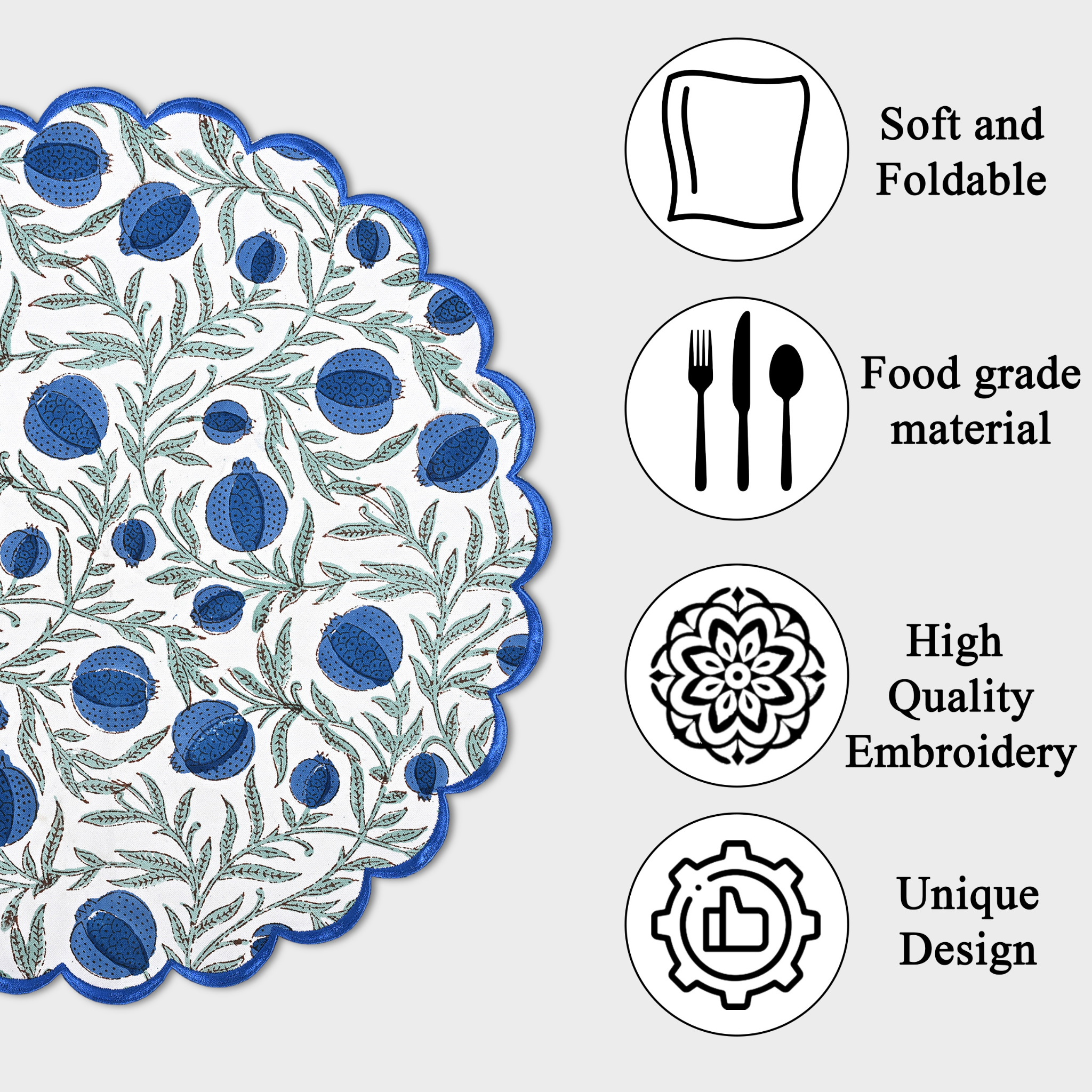 Decorative placemat with blue floral pattern and features listed on a white background