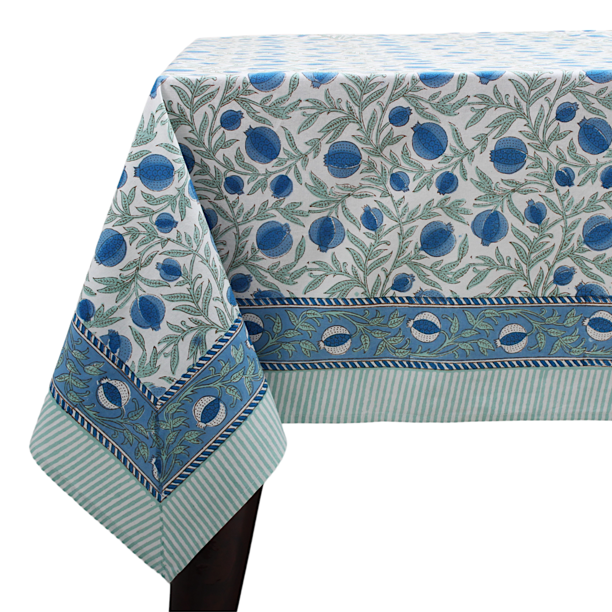Decorative tablecloth with blue and green pattern on a white background