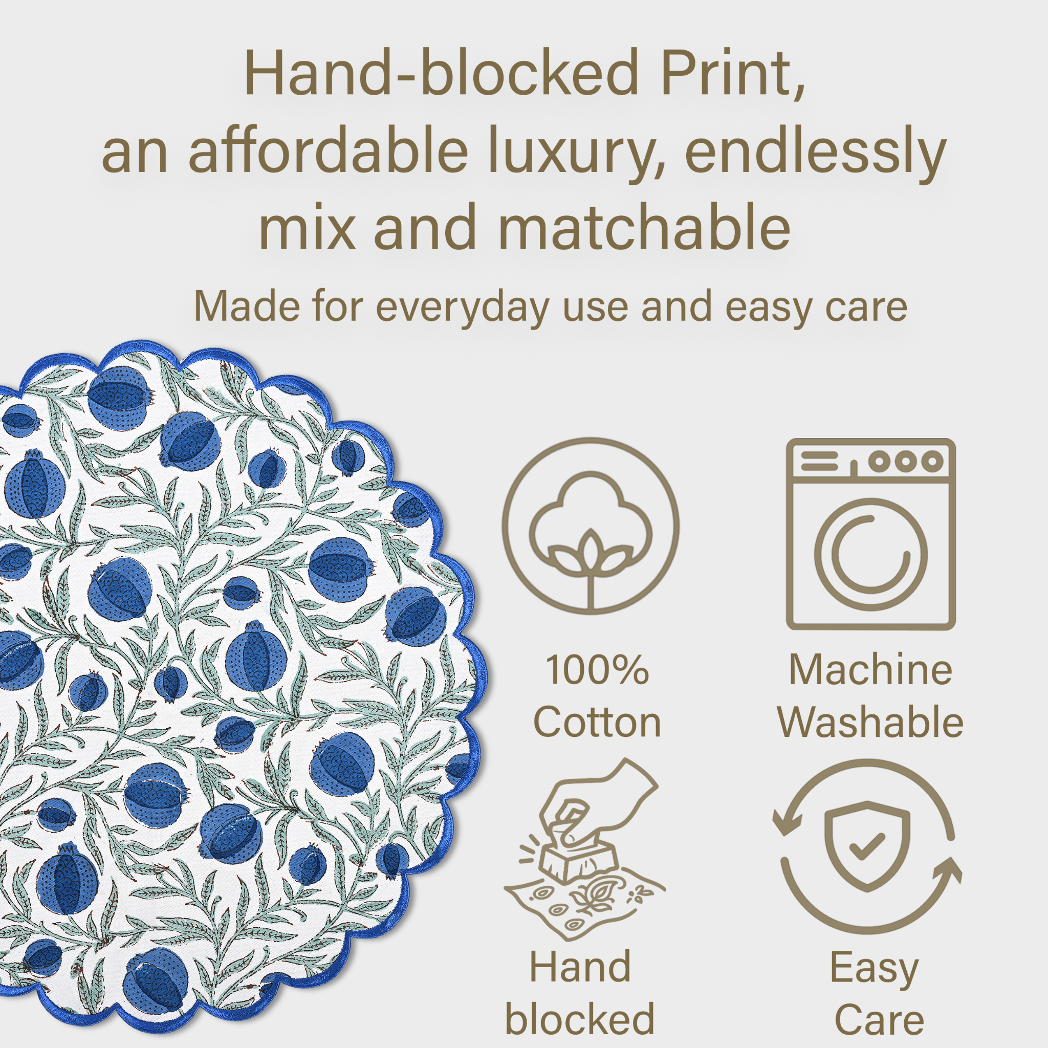 Product with hand-blocked print, 100% cotton, machine washable, hand blocked, and easy care features on a light background.