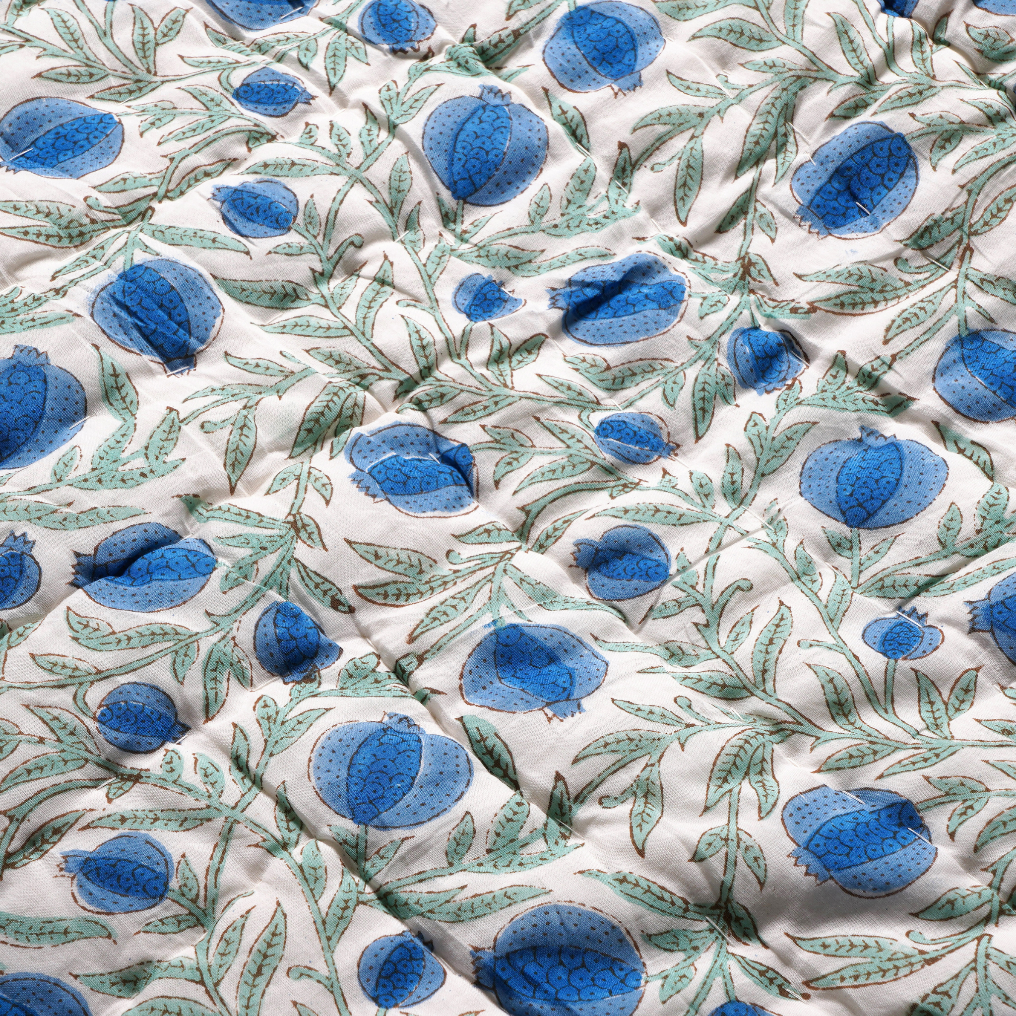 Close-up of fabric with blue floral pattern