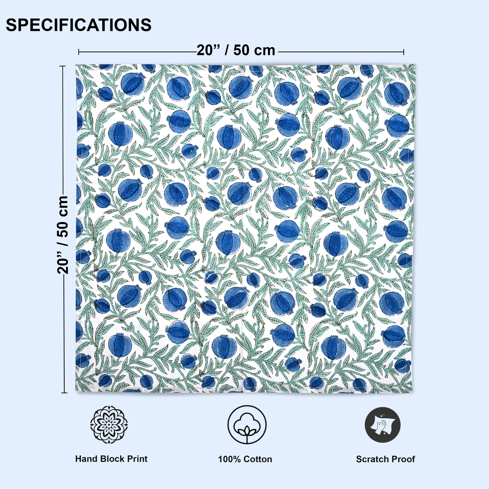 Patterned fabric with blue floral design and measurements on a light blue background