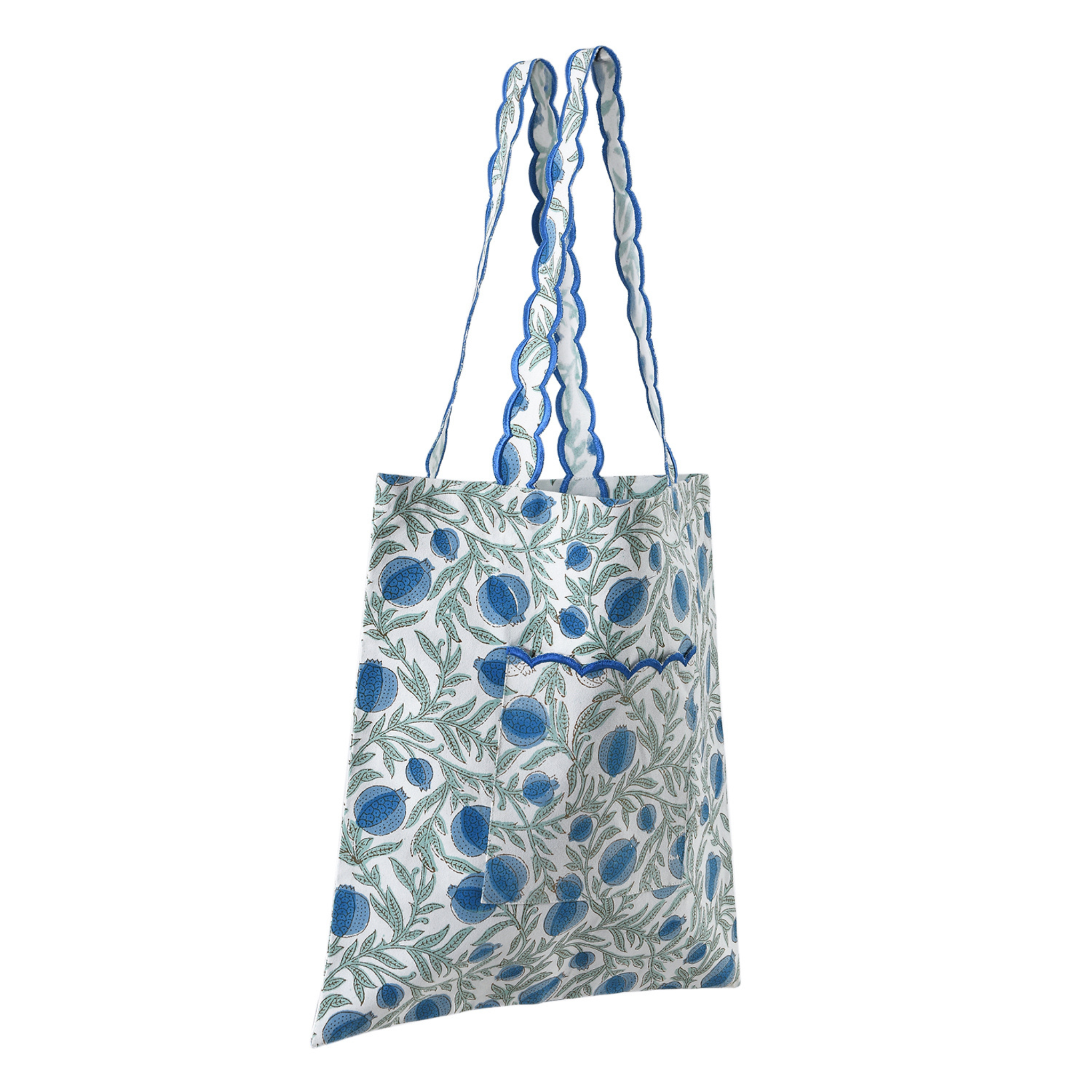 Floral-patterned tote bag with blue accents on a white background