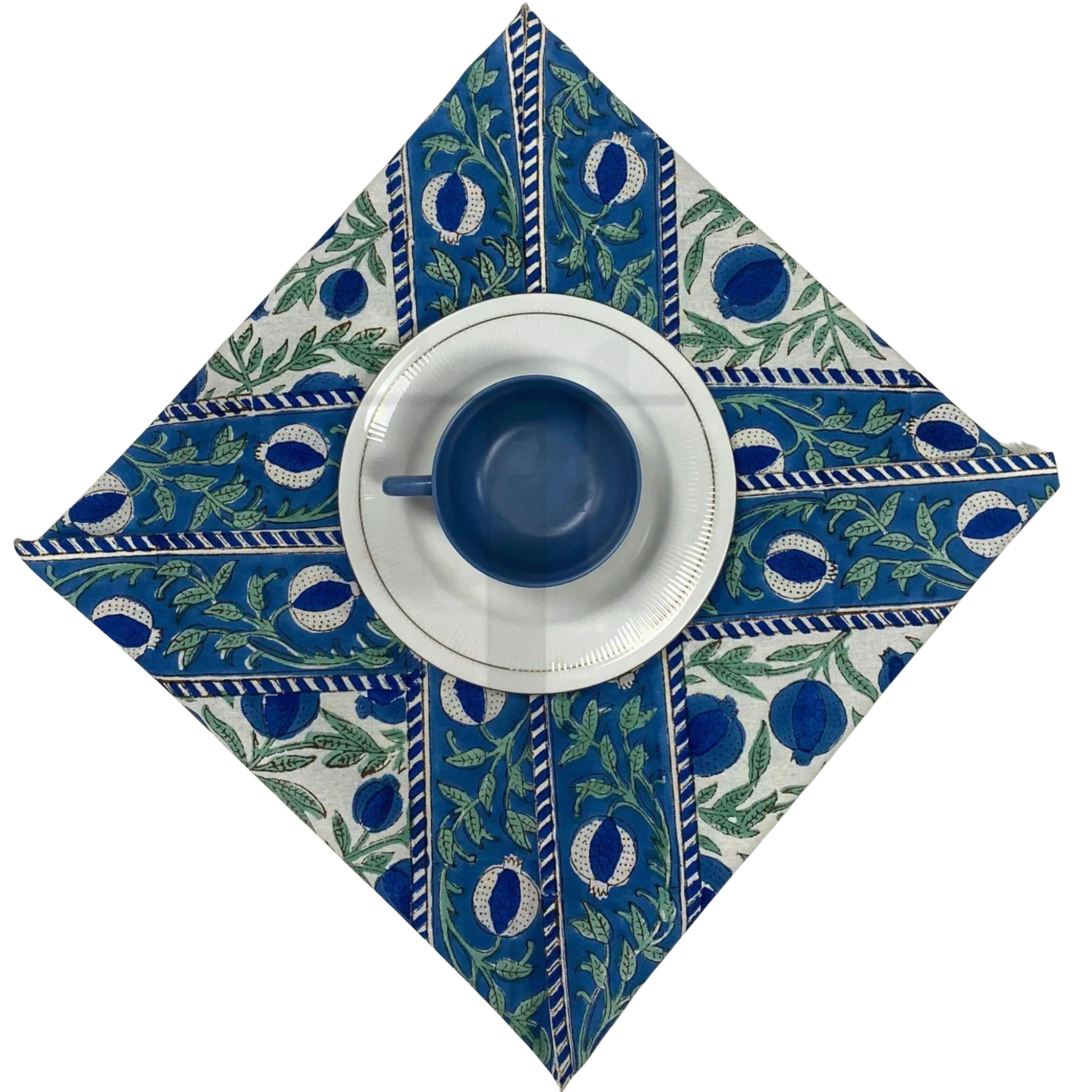 Decorative napkin with blue and green patterns on a white background