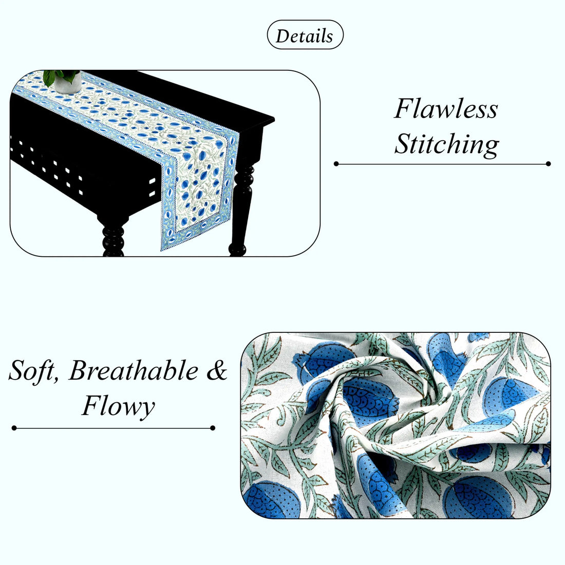 Table runner with floral pattern on a table, highlighting 'Flawless Stitching' and 'Soft, Breathable & Flowy' text.