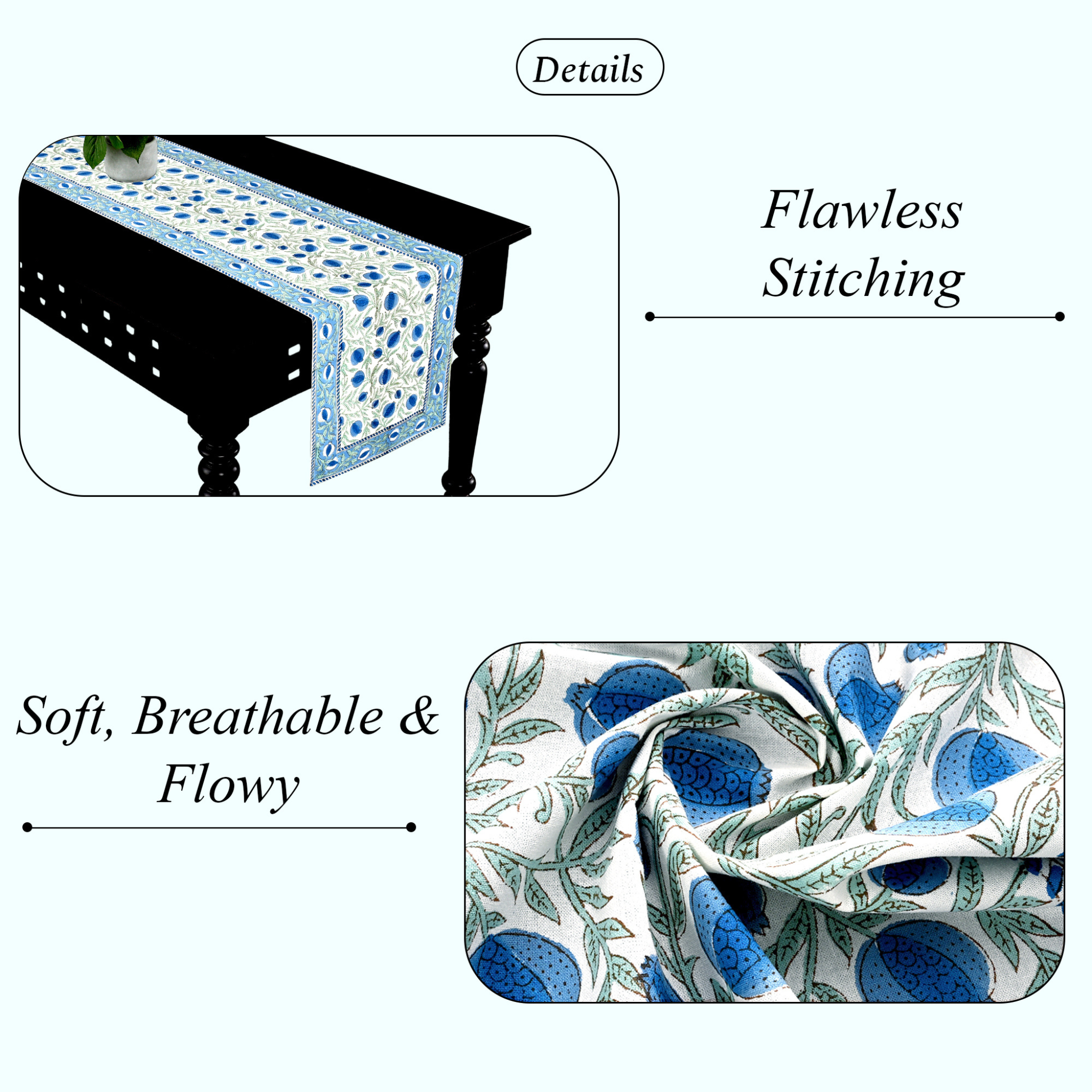 Table runner with floral pattern on a table, highlighting 'Flawless Stitching' and 'Soft, Breathable & Flowy' text.