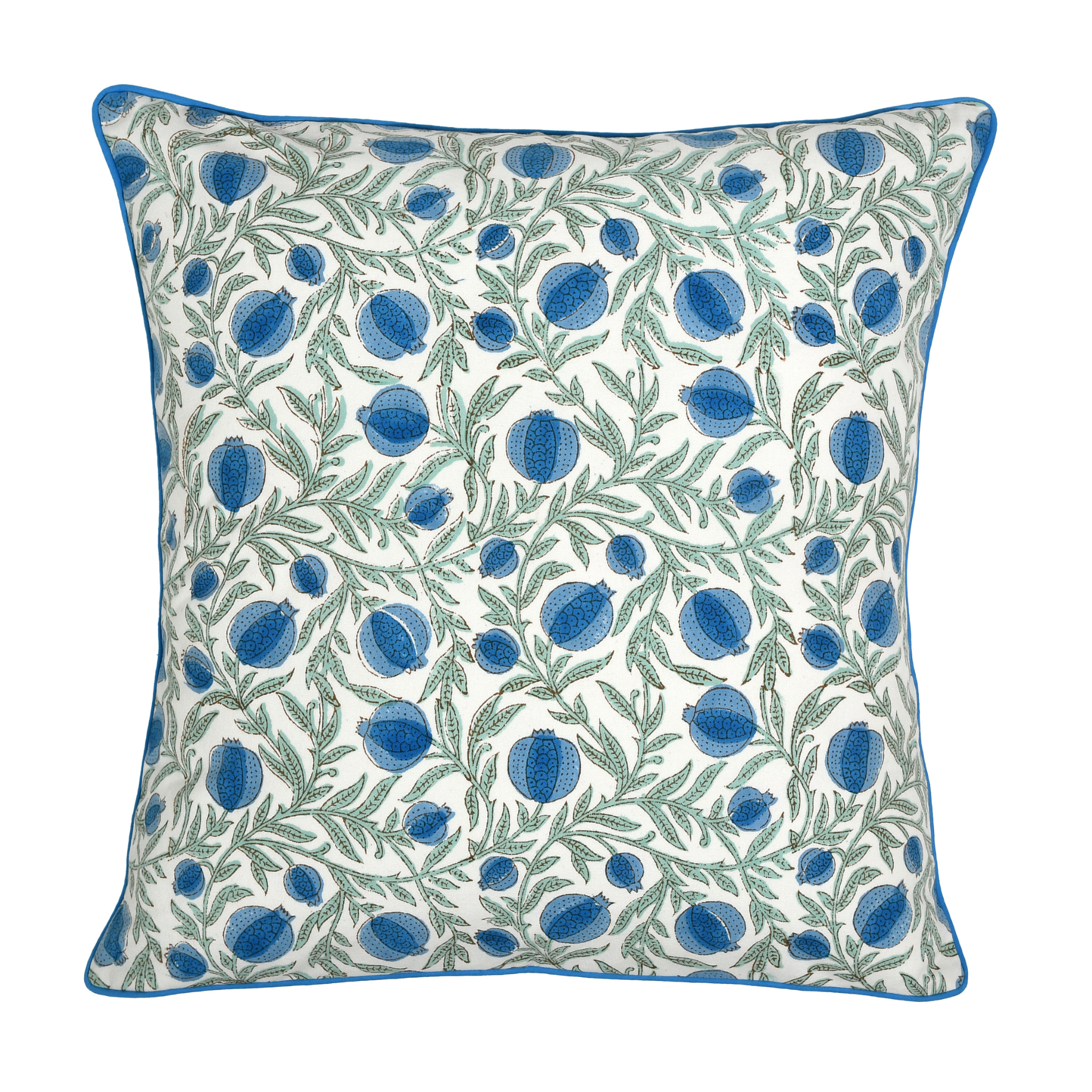 Decorative pillow with blue and green pattern on a white background