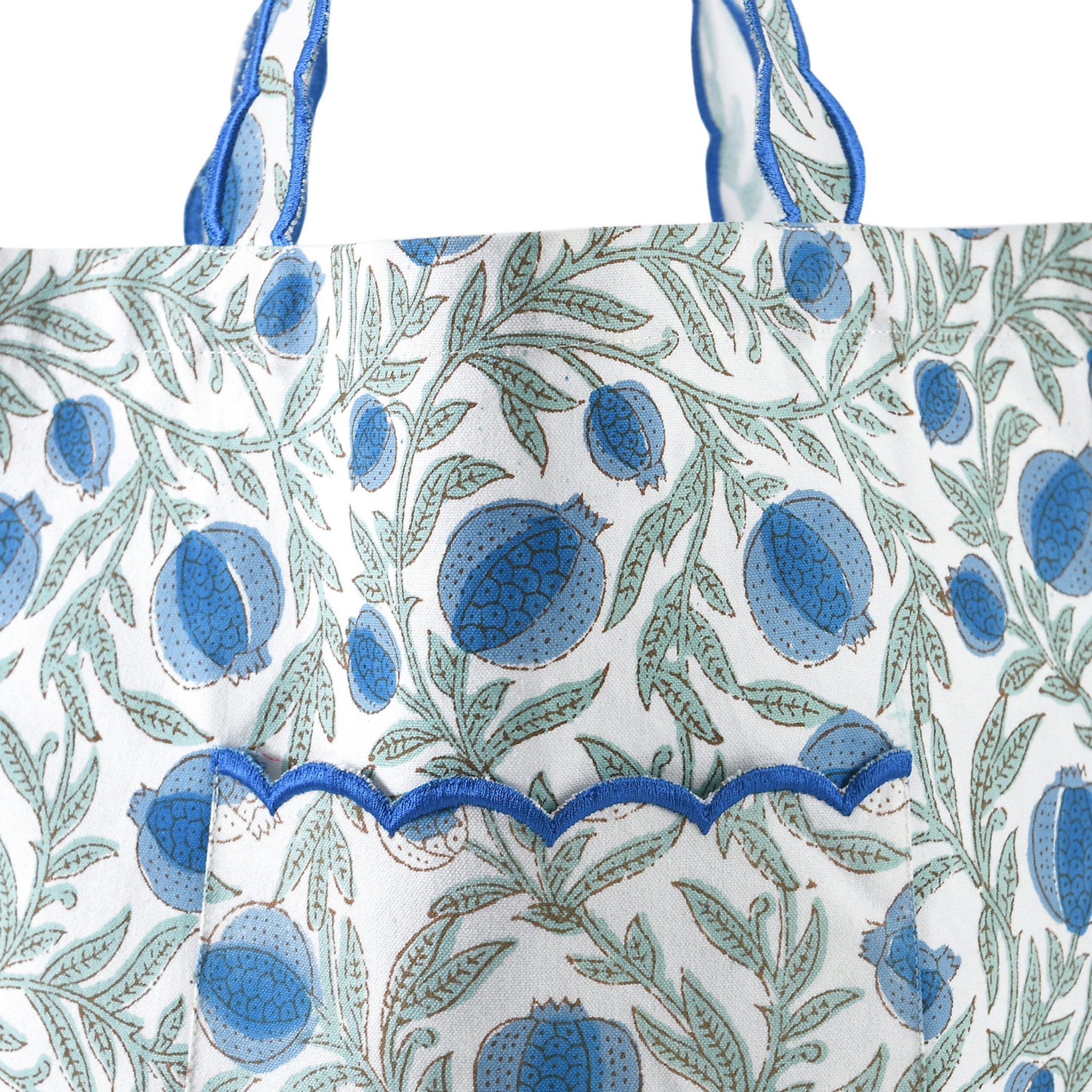Floral patterned bag with blue accents on a white background