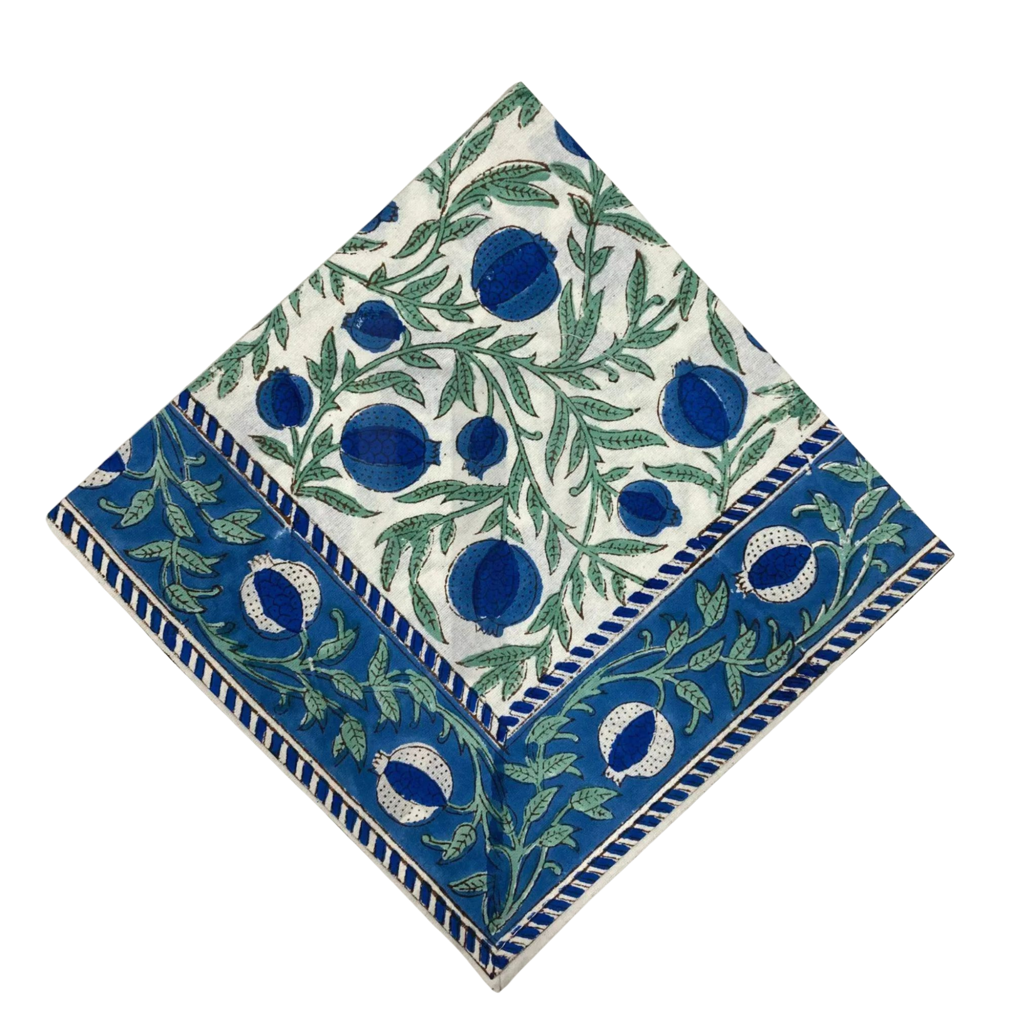 Napkin with blue and green floral pattern on a white background