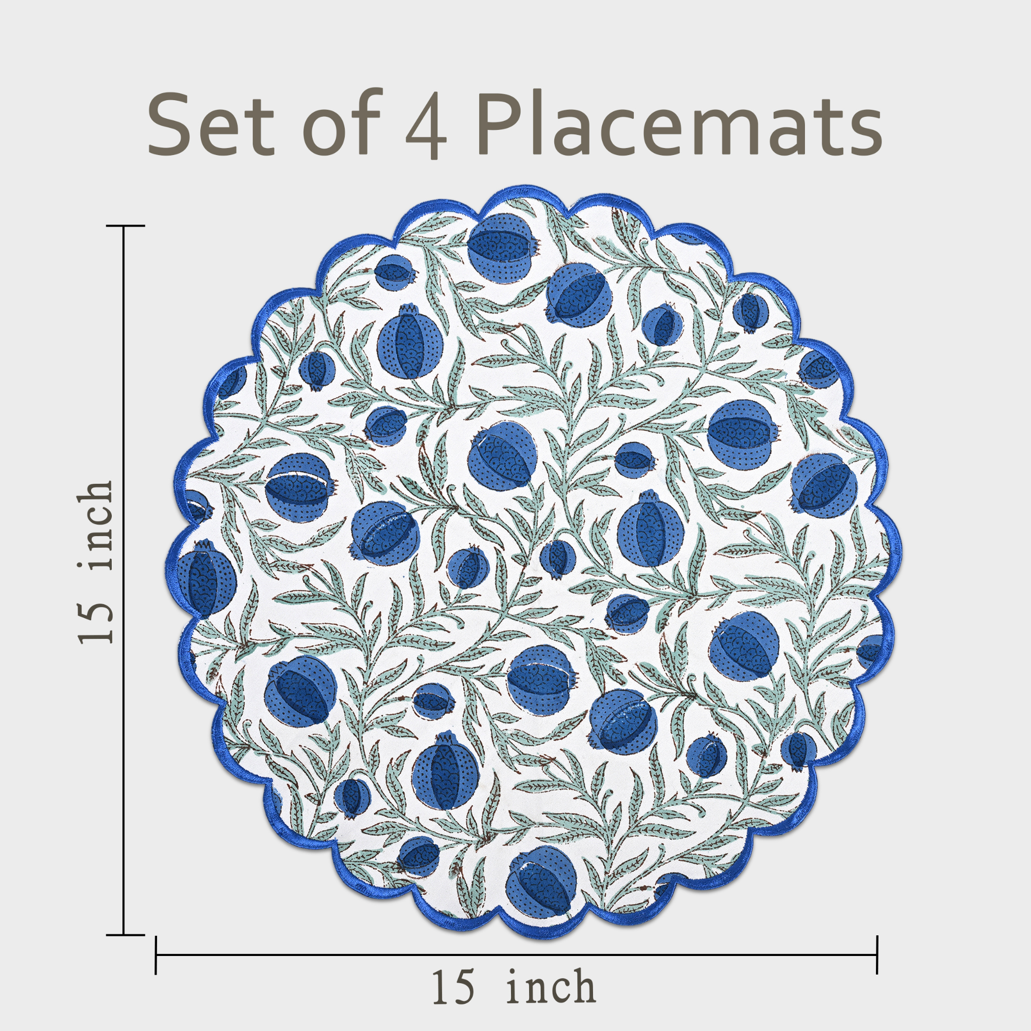 Set of 4 placemats with blue and green pattern, shown with dimensions on a light gray background.