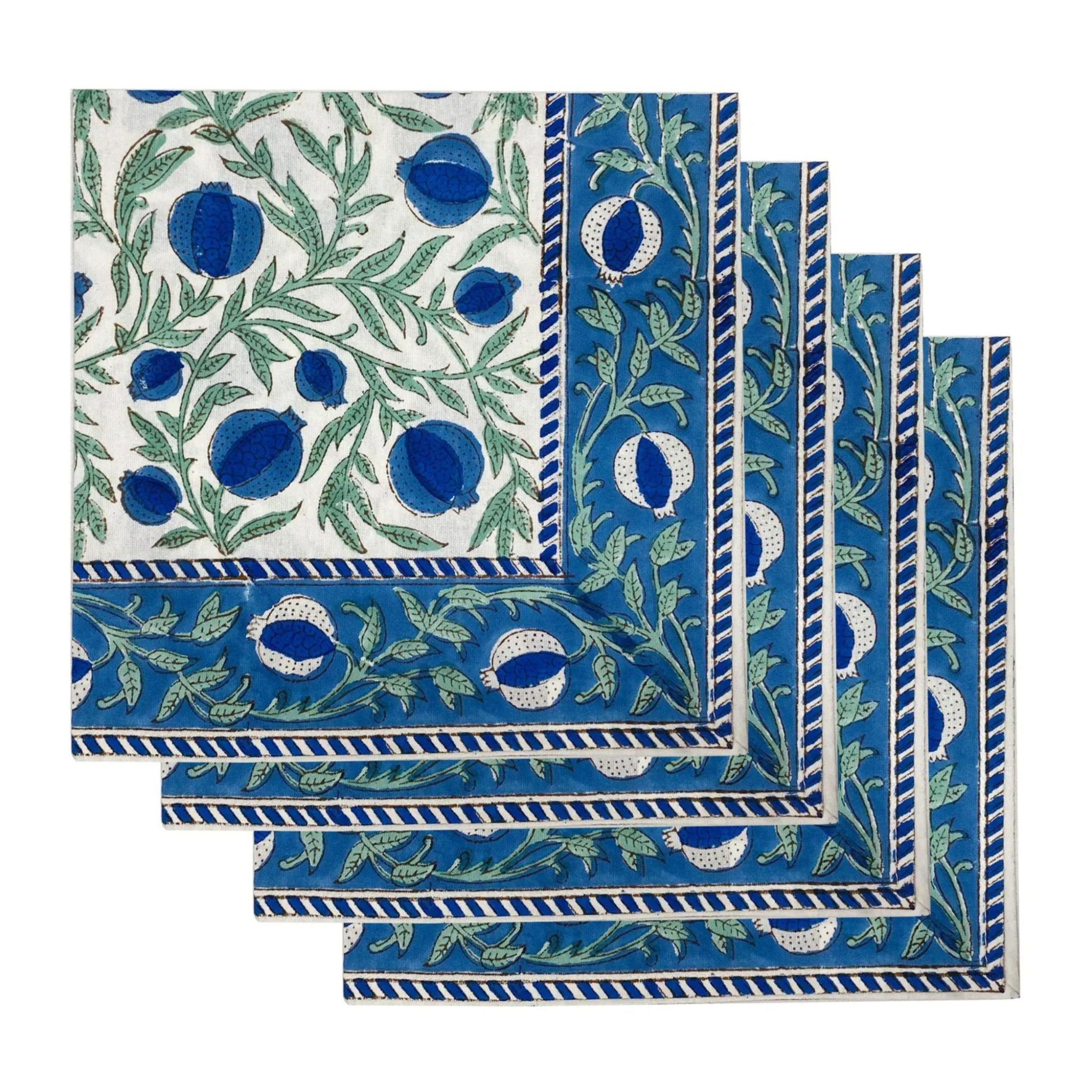 Set of blue and green patterned napkins on a white background