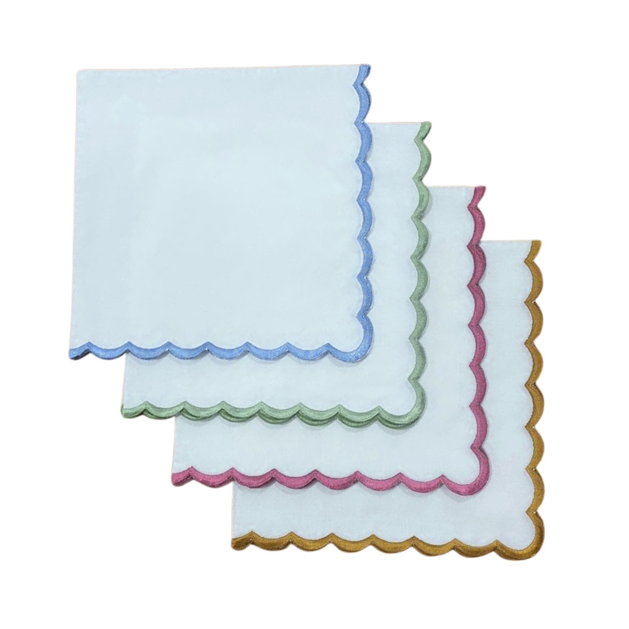 Set of three decorative napkins with colorful scalloped edges on a white background