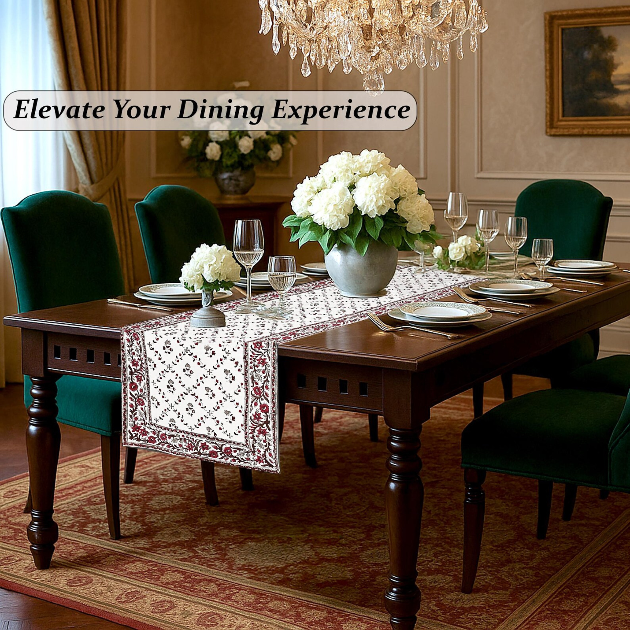 Dining room with a wooden table set for dinner, green chairs, and decorative elements.
