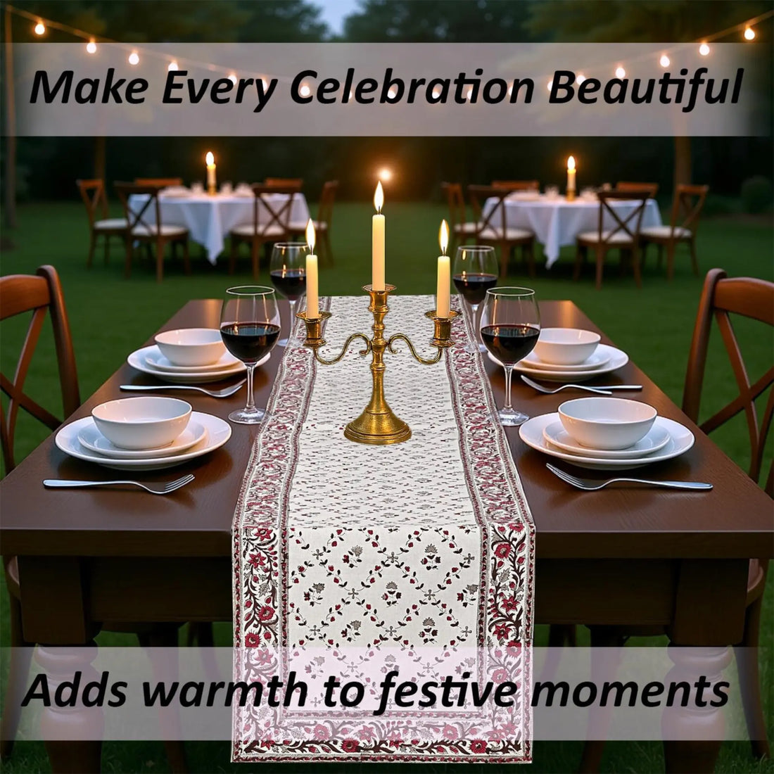 Dining table set for a celebration with candles and a decorative table runner.