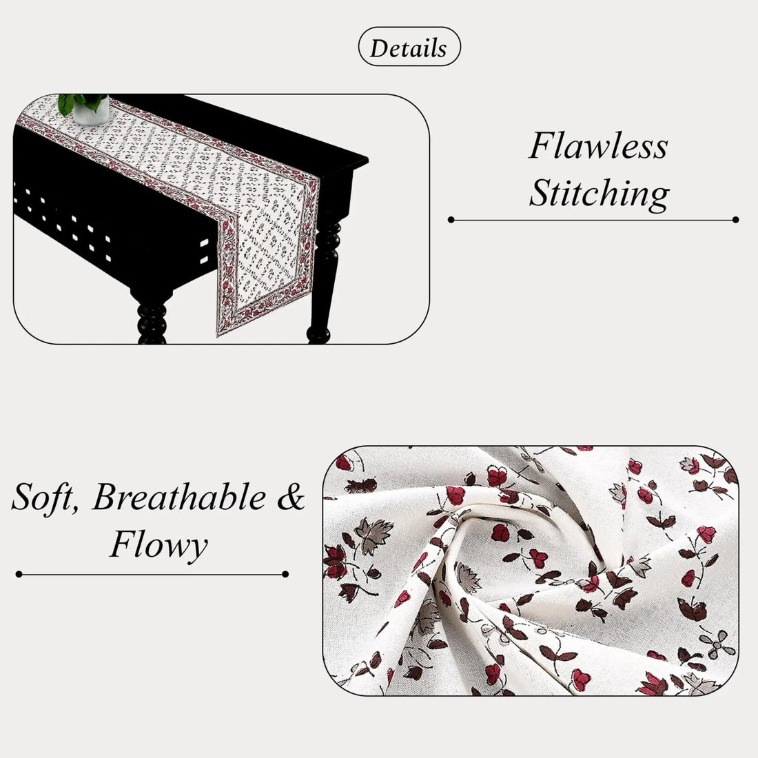 Table runner with floral pattern on a table, highlighting 'Flawless Stitching' and 'Soft, Breathable & Flowy' qualities.