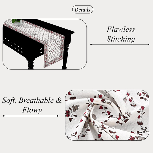 Table runner with floral pattern on a table, highlighting 'Flawless Stitching' and 'Soft, Breathable & Flowy' qualities.