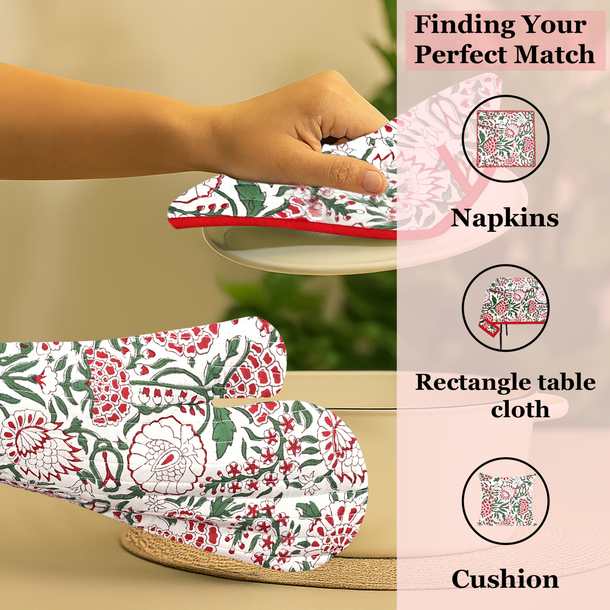 Floral-patterned tablecloth, napkins, and cushion on a beige surface with text 'Finding Your Perfect Match'.